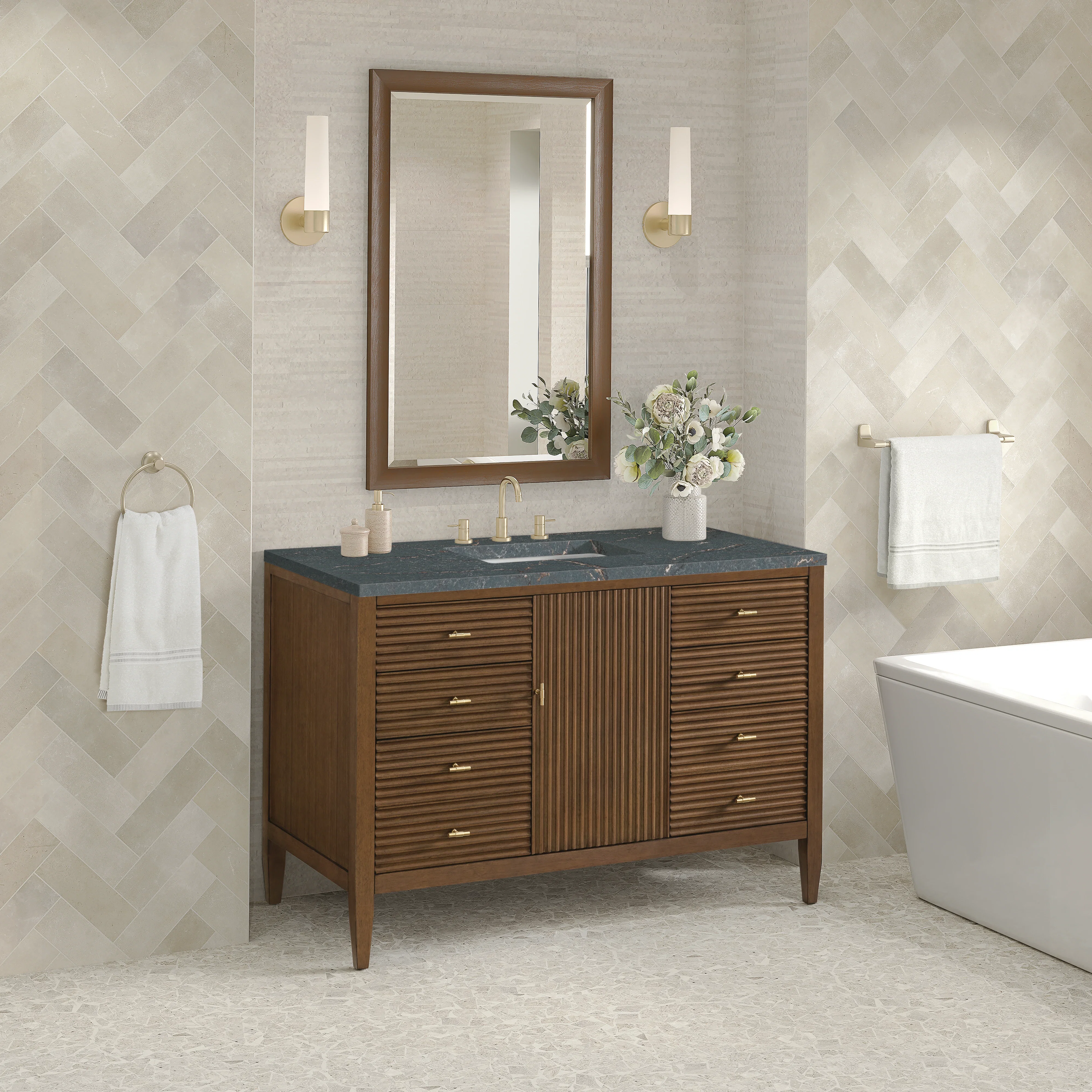 Myrrin 48" Single Vanity, Mid Century Walnut w/ 3 CM Parisien Bleu Silestone Top