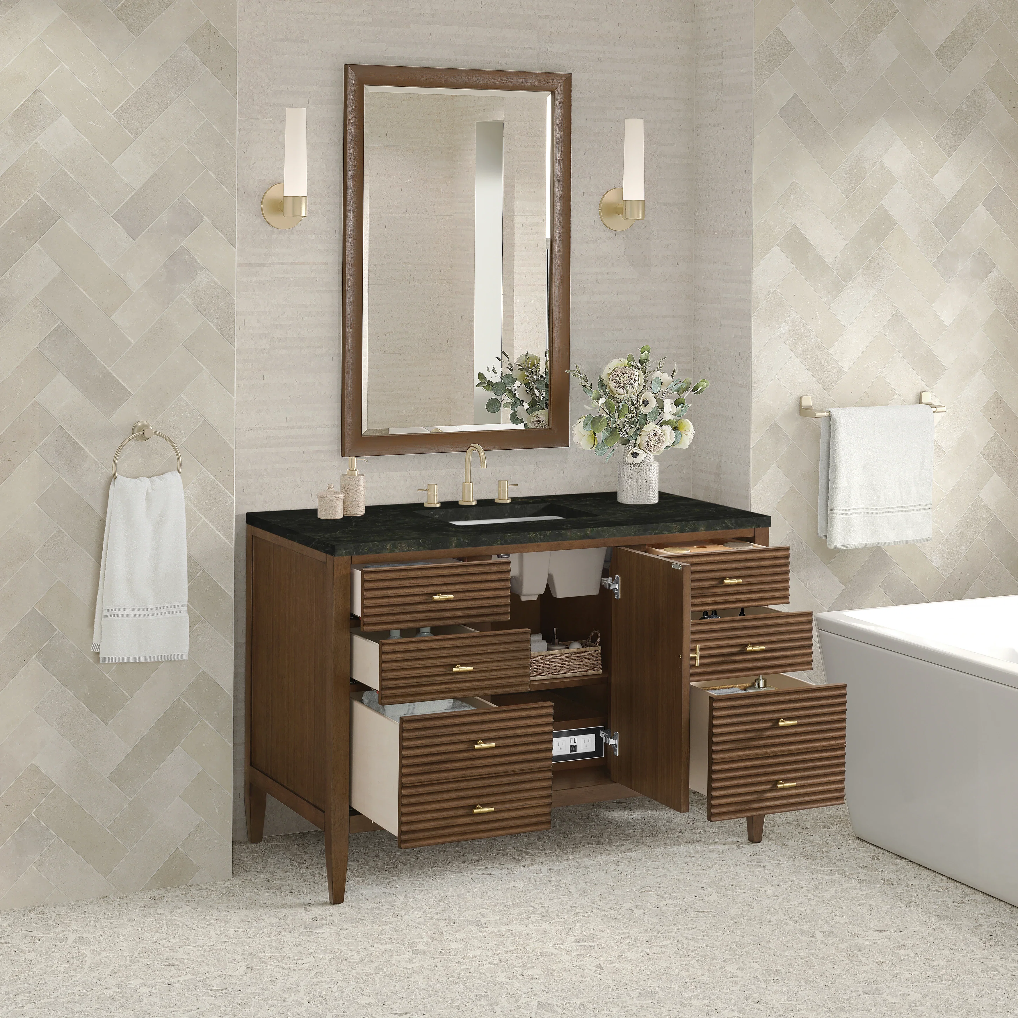Myrrin 48" Single Vanity, Mid Century Walnut, w/ 3 CM Phantome Eclos Top