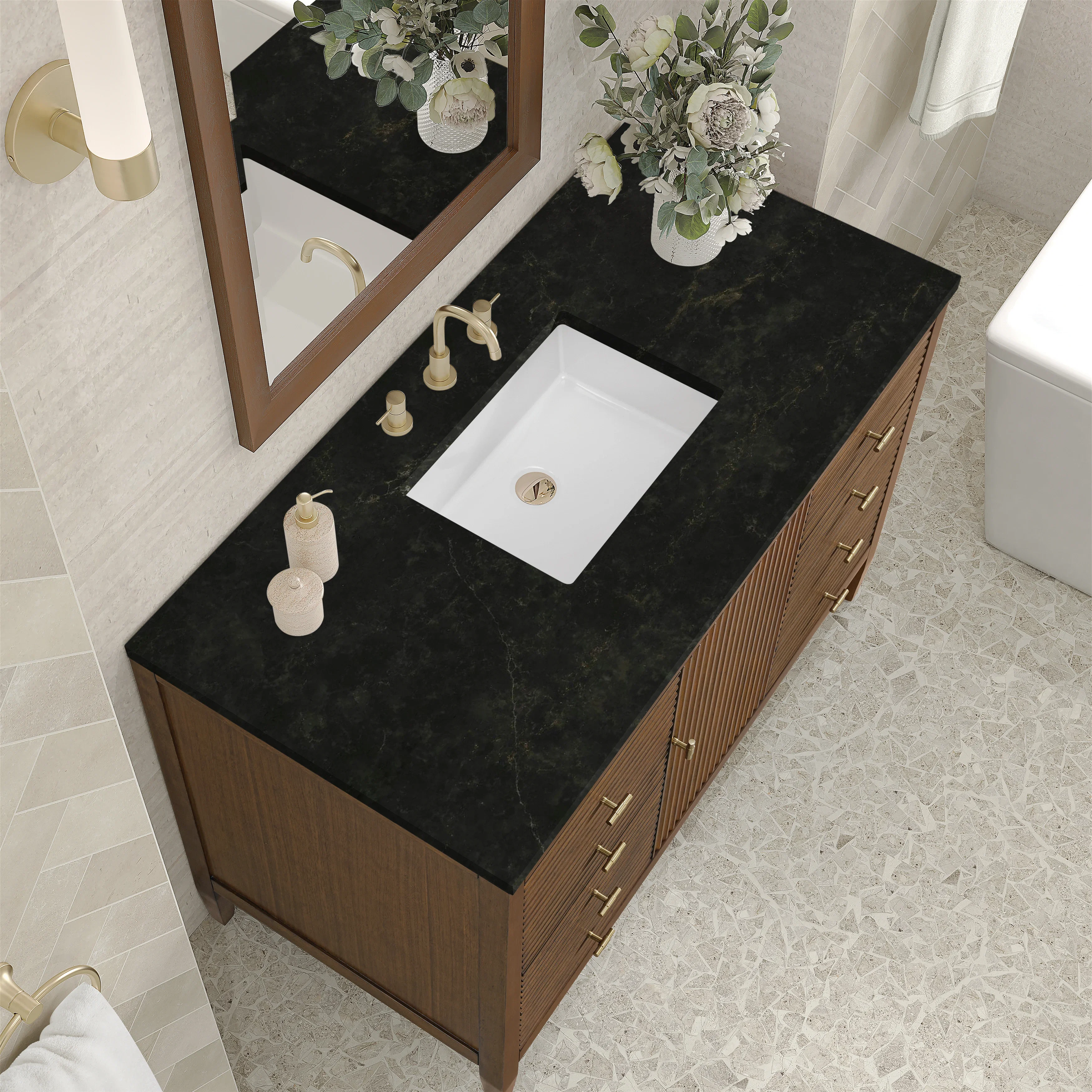Myrrin 48" Single Vanity, Mid Century Walnut, w/ 3 CM Phantome Eclos Top