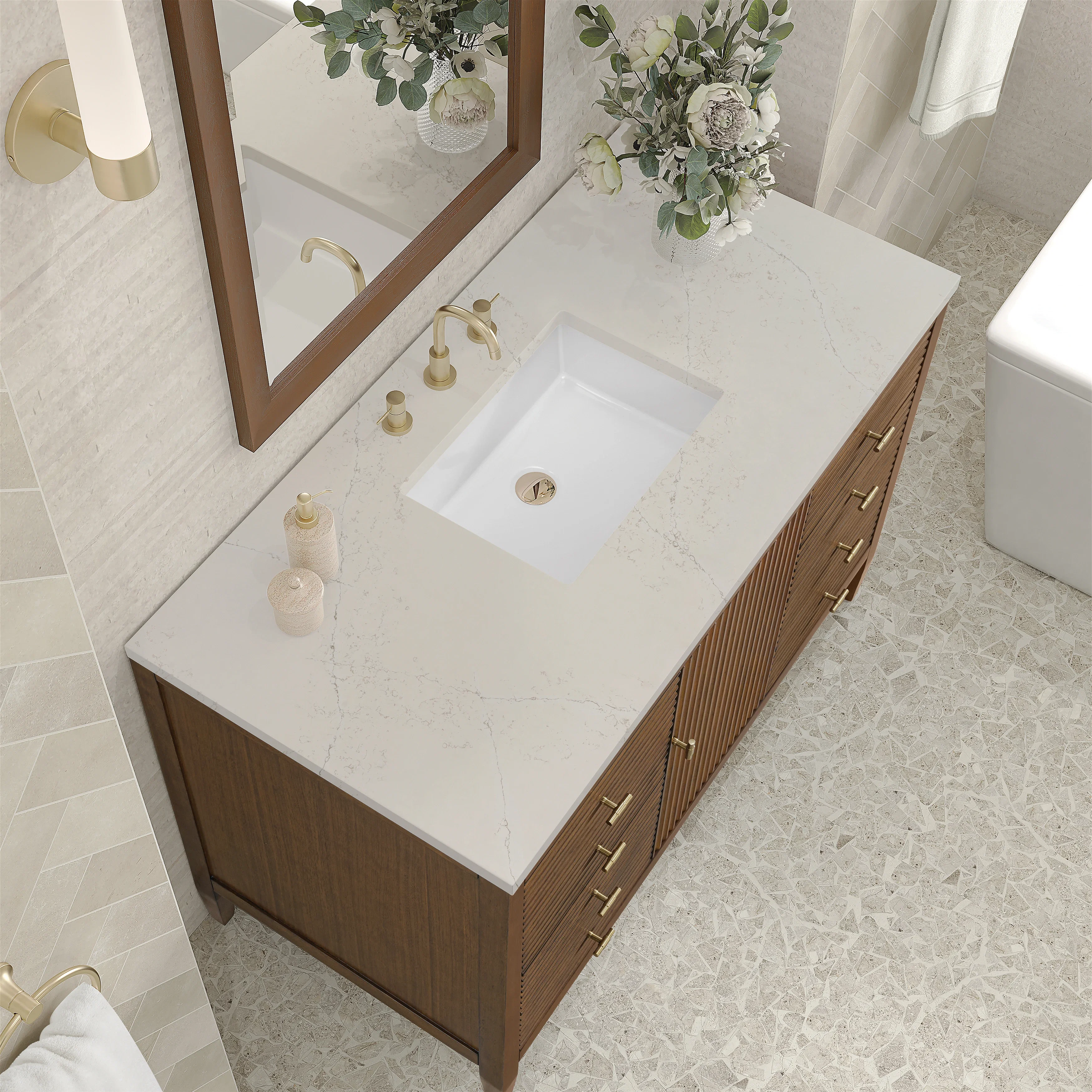 Myrrin 48" Single Vanity, Mid Century Walnut, w/ 3 CM Siberian Silestone Top