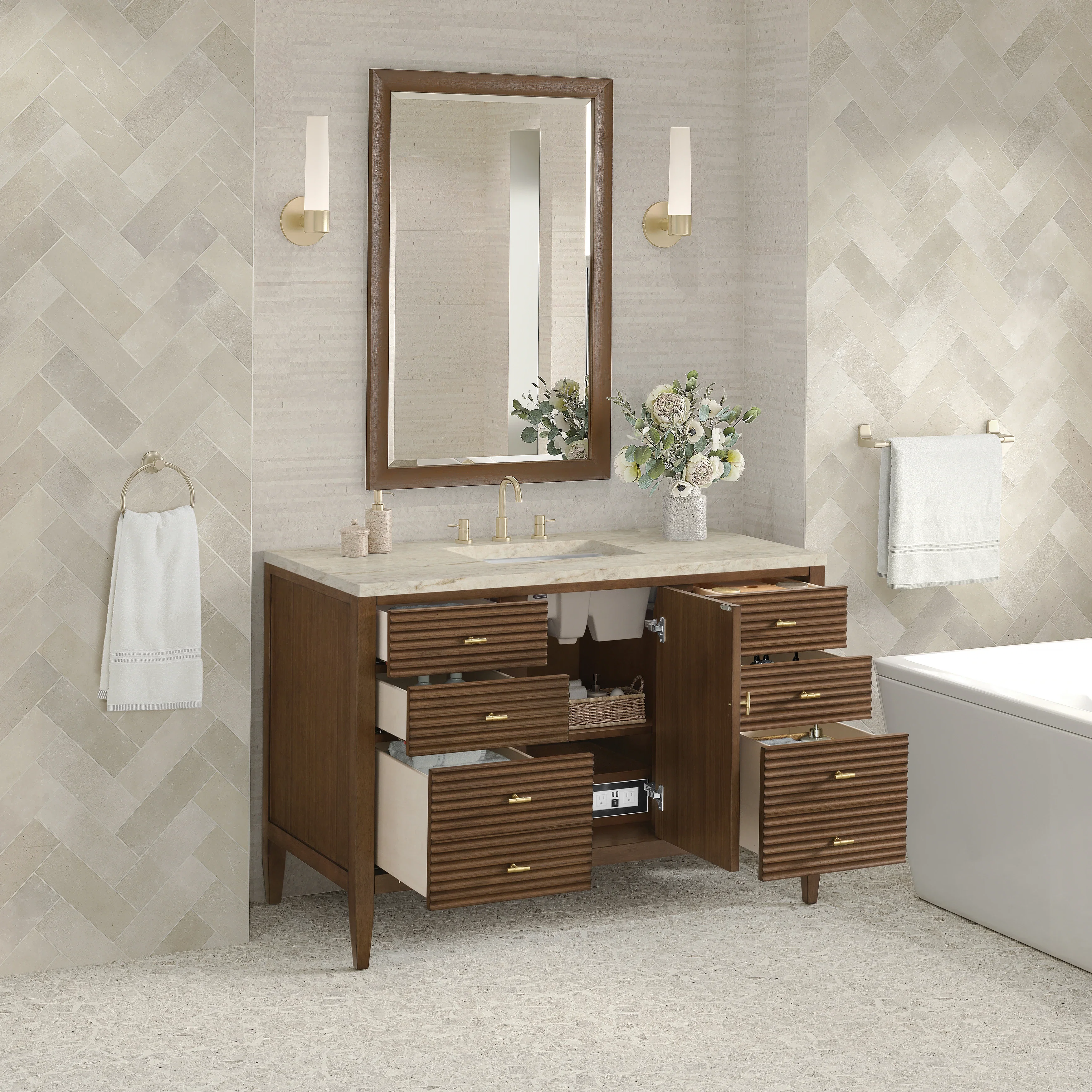 Myrrin 48" Single Vanity, Mid Century Walnut, w/ 3 CM Tajnar Eclos Top