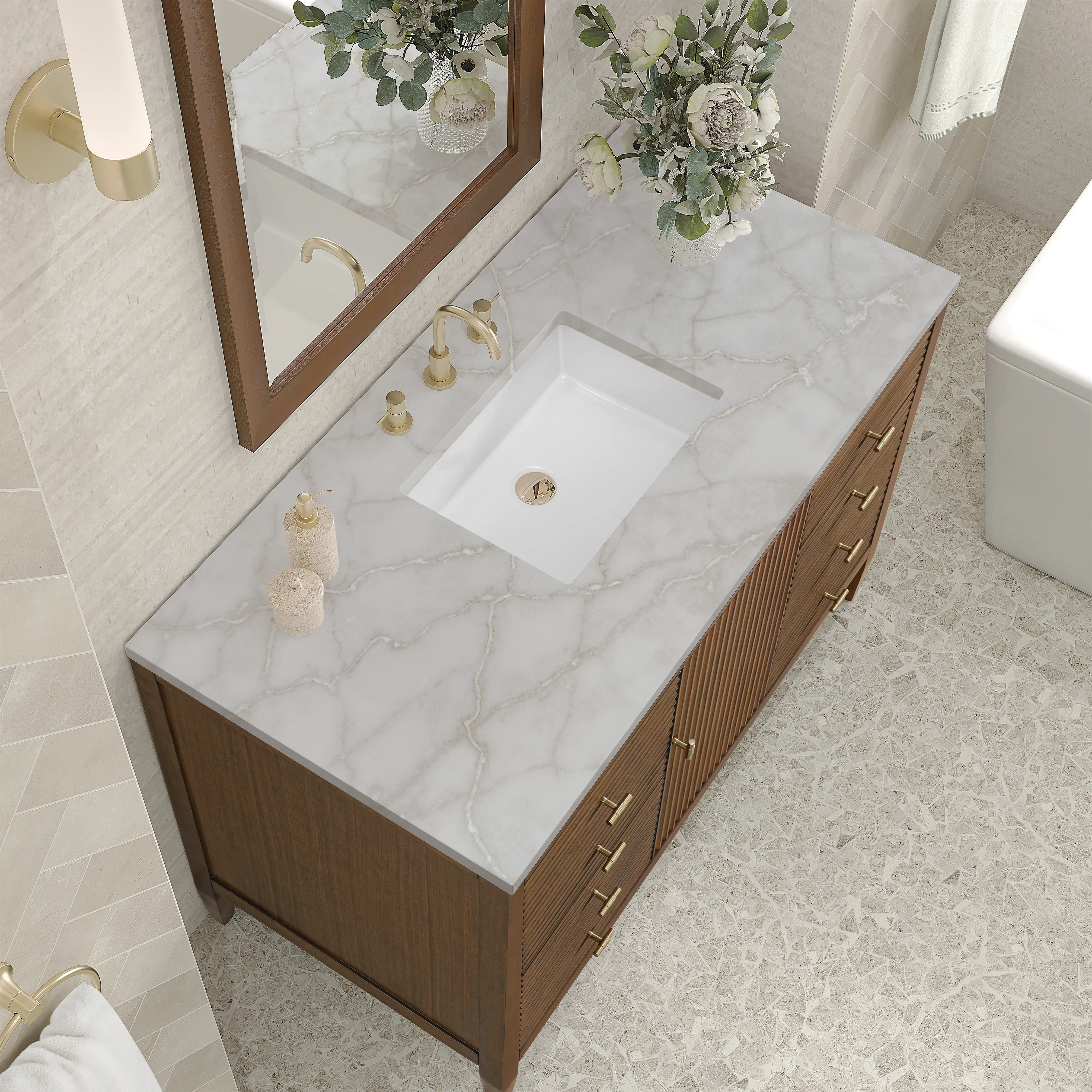 Myrrin 48" Single Vanity, Mid Century Walnut w/ 3 CM Victorian Silver Silestone Top