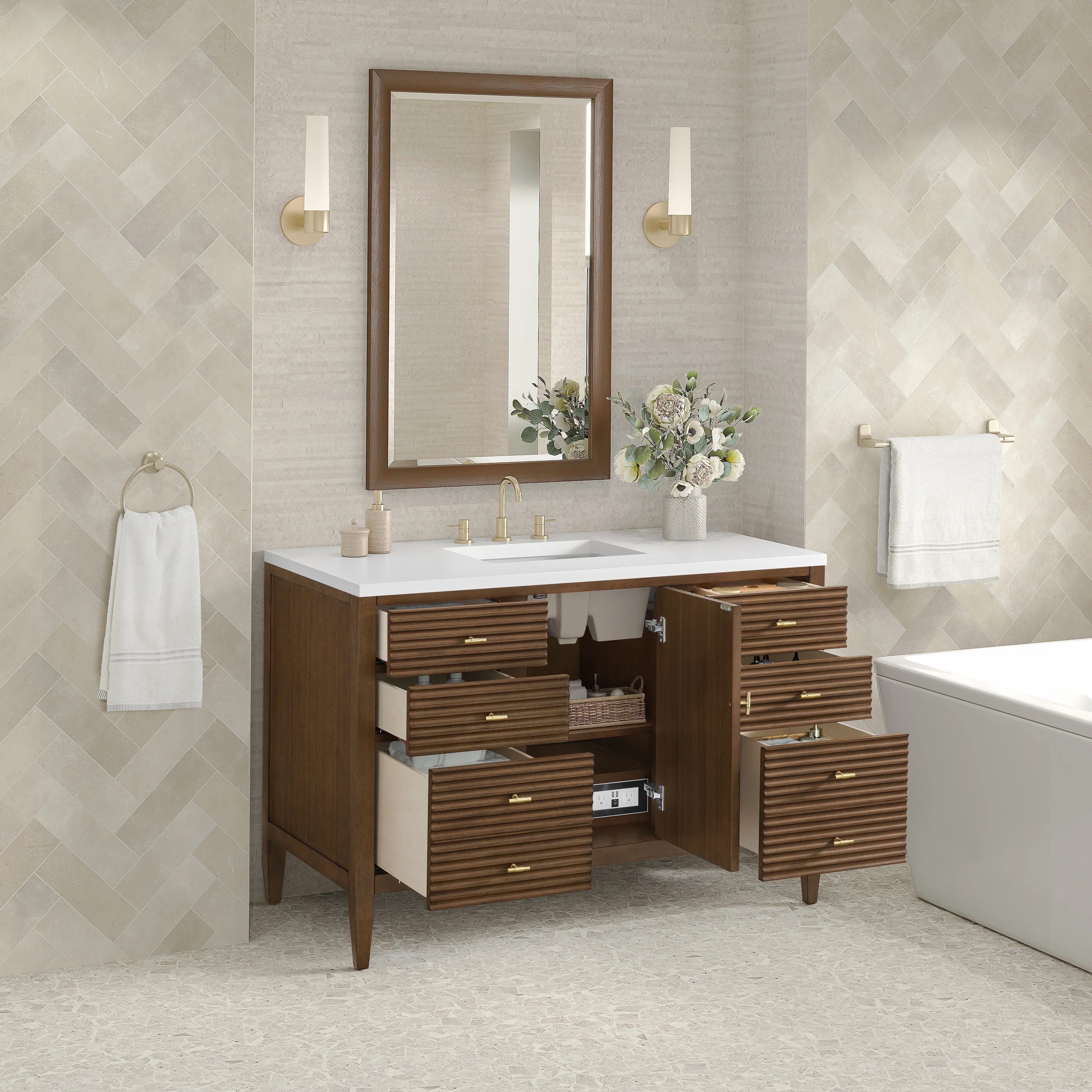 Myrrin 48" Single Vanity, Mid Century Walnut w/ 3 CM White Zeus Silestone Top