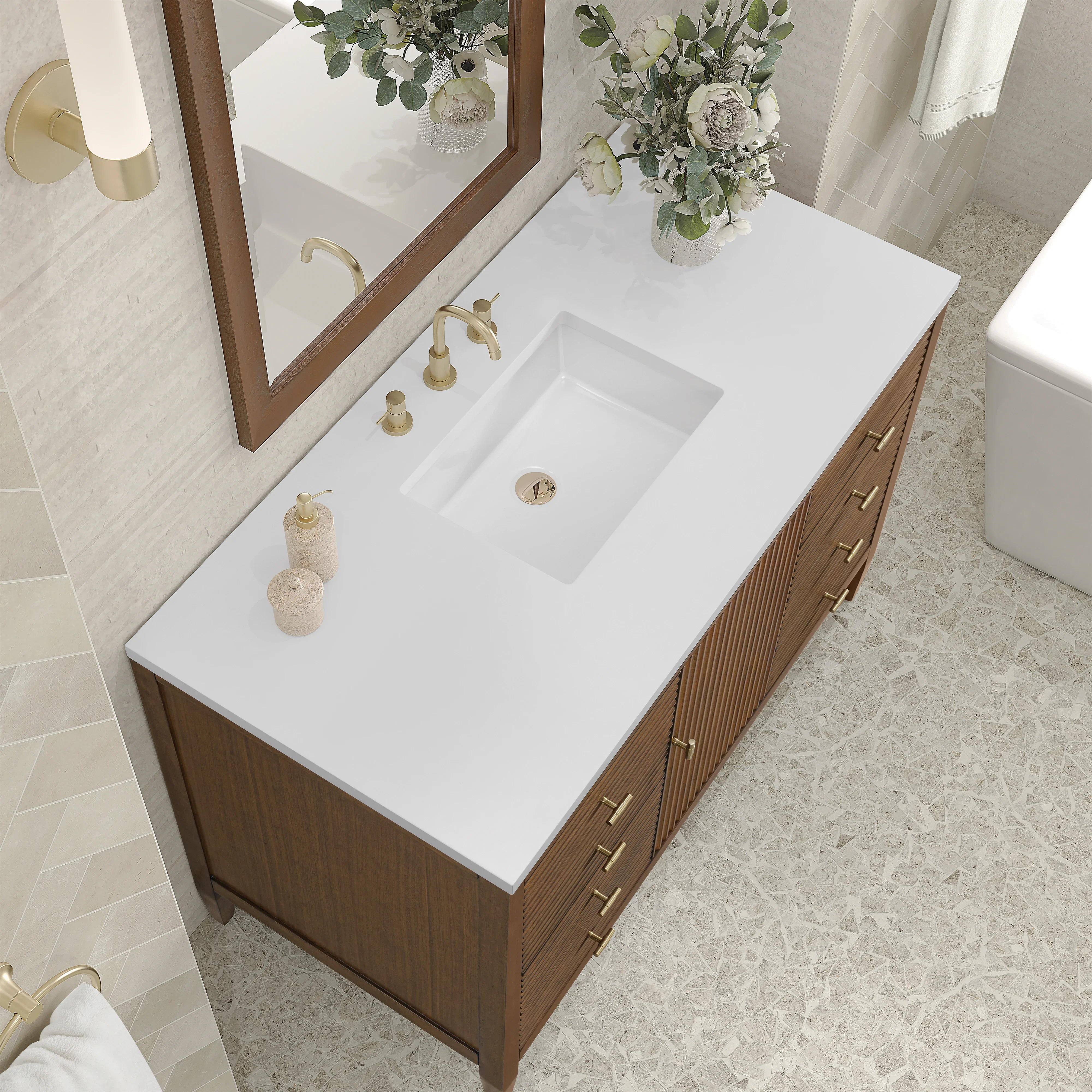 Myrrin 48" Single Vanity, Mid Century Walnut w/ 3 CM White Zeus Silestone Top