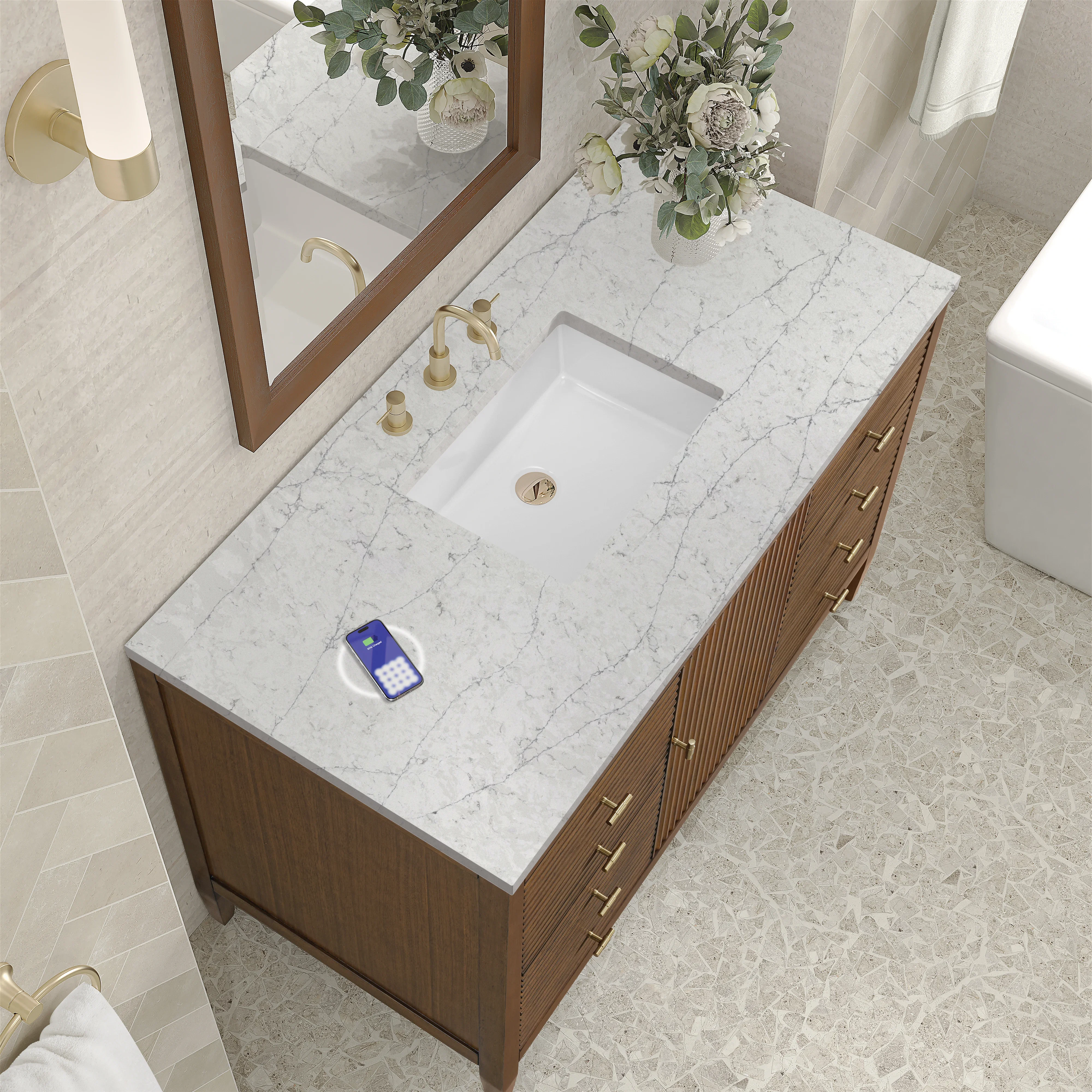 Myrrin 48" Single Vanity, Mid Century Walnut w/ 3 CM Eternal Jasmine Pearl Silestone Top w/FreePower Wireless Charger