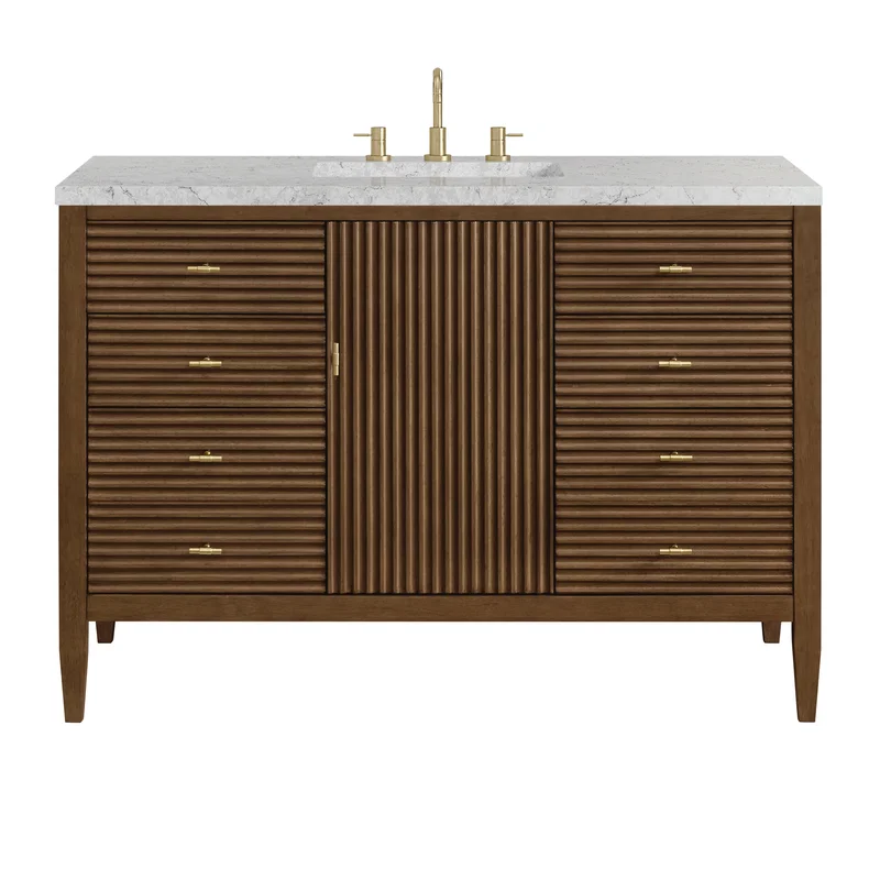 Myrrin 48" Single Vanity, Mid Century Walnut w/ 3 CM Eternal Jasmine Pearl Silestone Top w/FreePower Wireless Charger