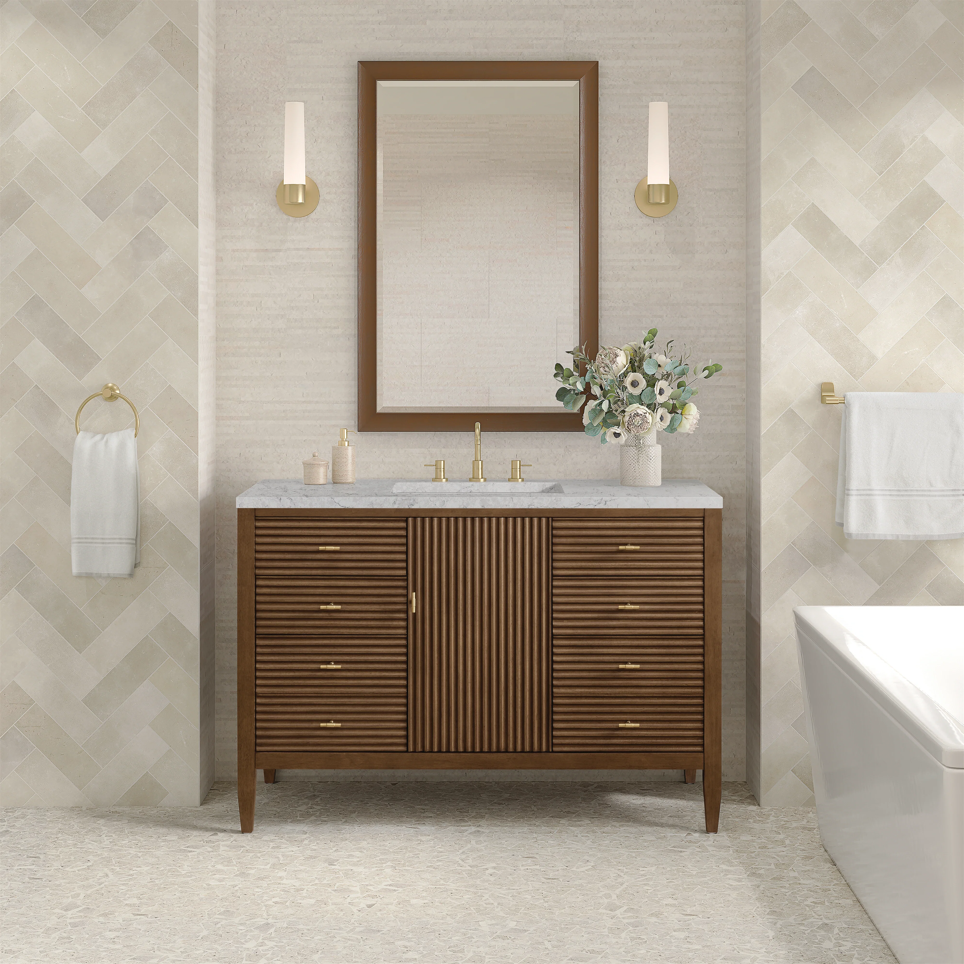 Myrrin 48" Single Vanity, Mid Century Walnut w/ 3 CM Eternal Jasmine Pearl Silestone Top w/FreePower Wireless Charger