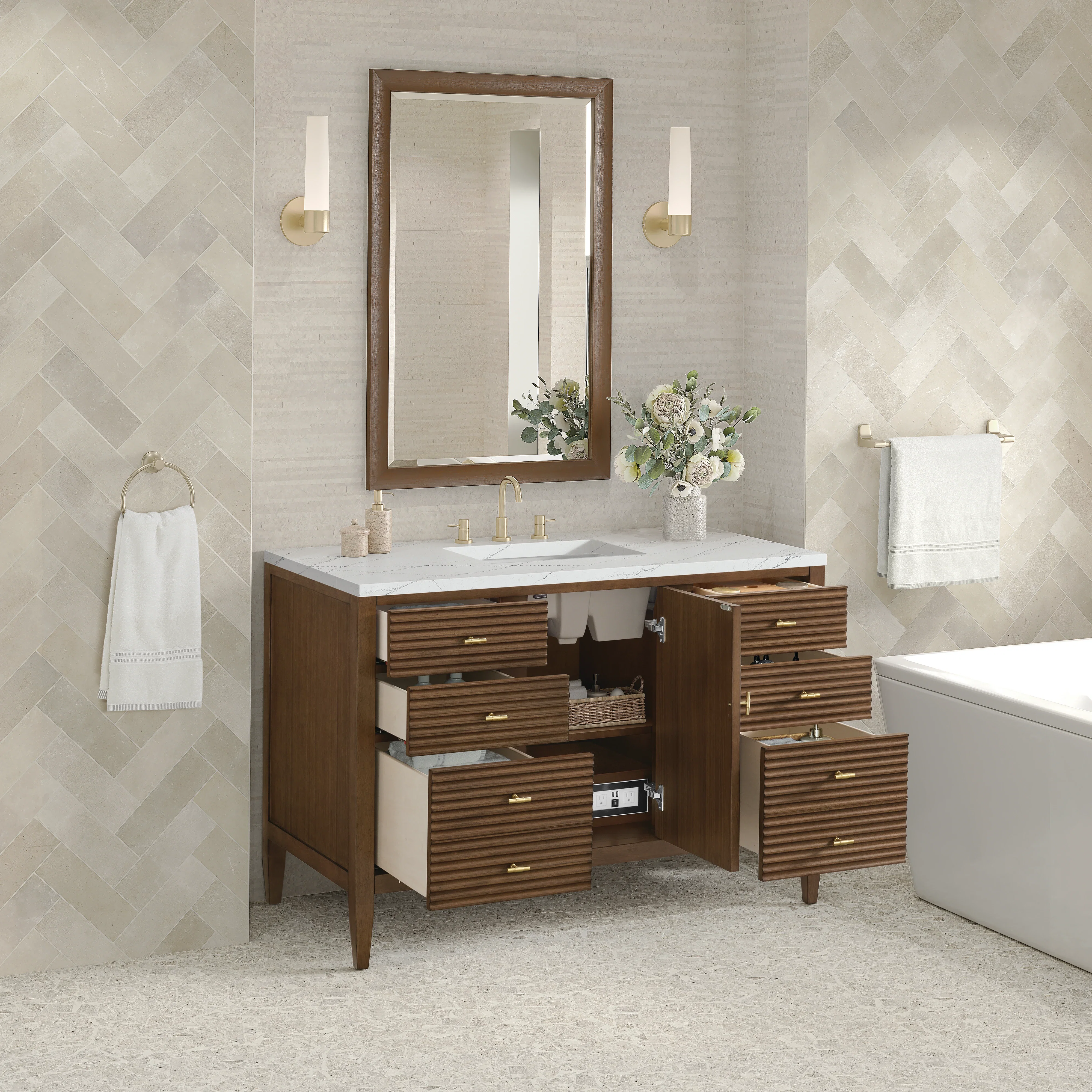 Myrrin 48" Single Vanity, Mid Century Walnut w/ 3 CM Ethereal Noctis Silestone Top w/FreePower Wireless Charger