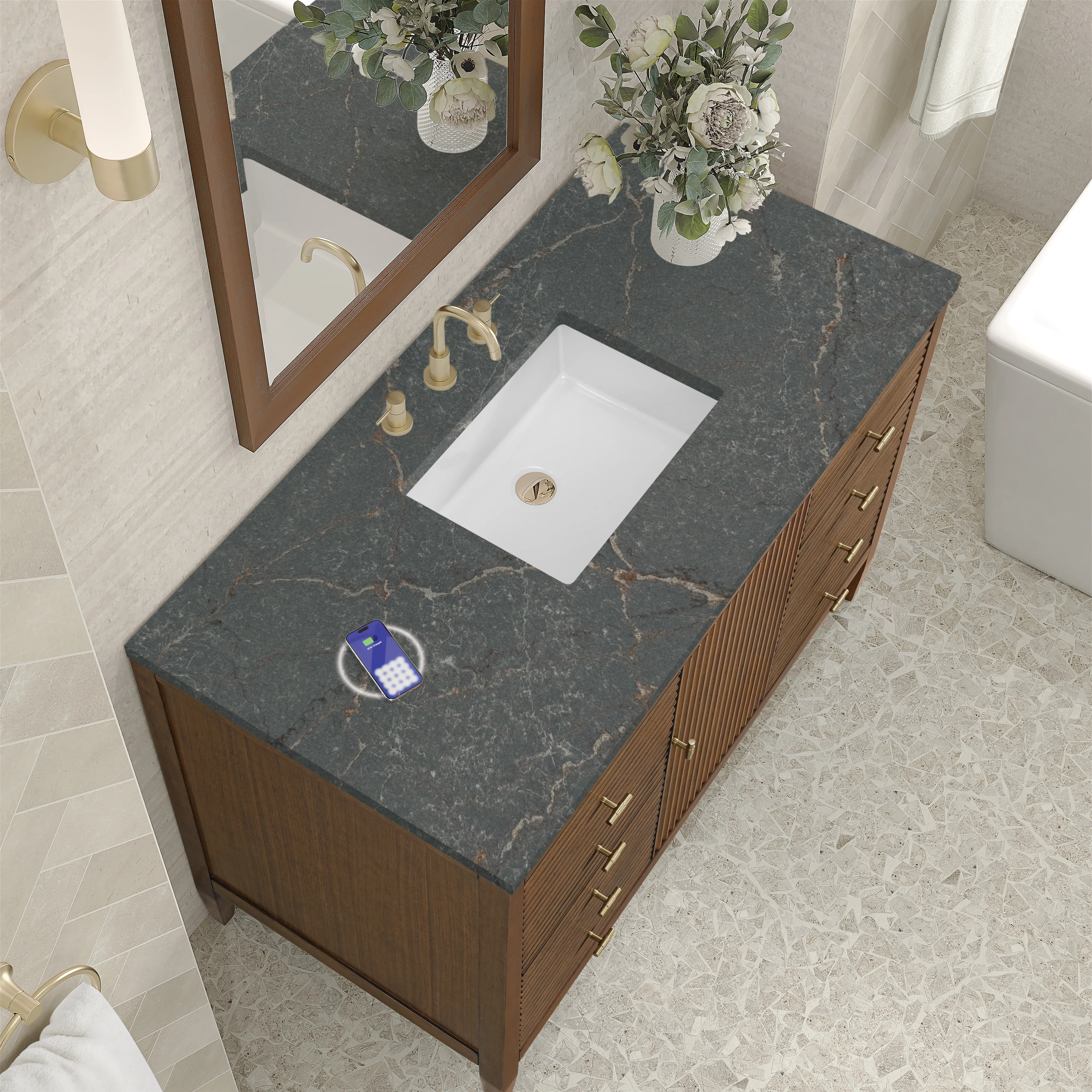 Myrrin 48" Single Vanity, Mid Century Walnut w/ 3 CM Parisien Bleu Silestone Top w/FreePower Wireless Charger