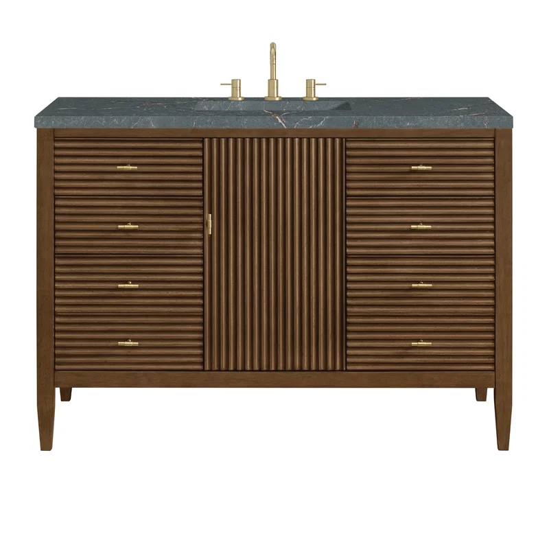 Myrrin 48" Single Vanity, Mid Century Walnut w/ 3 CM Parisien Bleu Silestone Top w/FreePower Wireless Charger