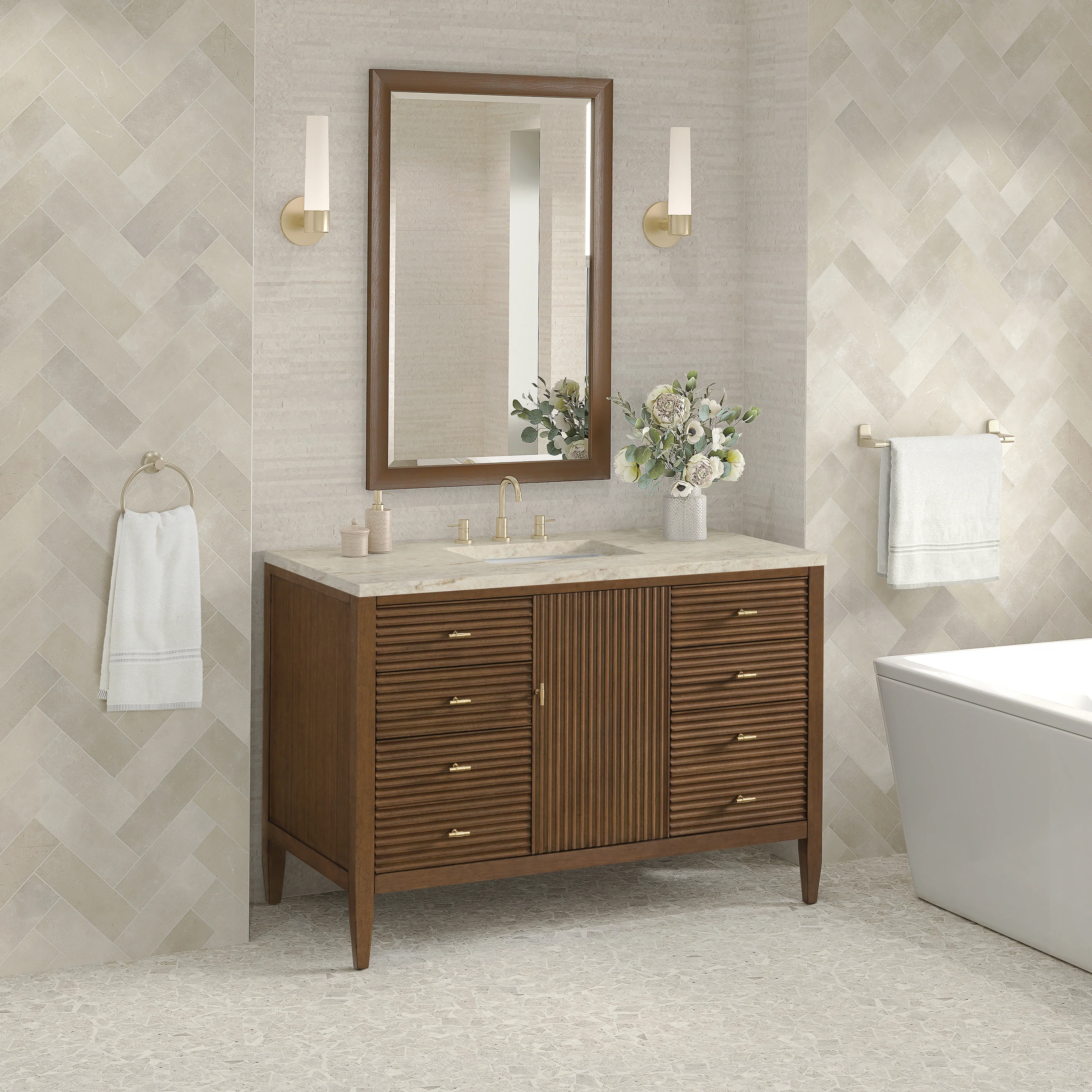 Myrrin 48" Single Vanity, Mid Century Walnut, w/ 3 CM Tajnar Eclos Top w/FreePower Wireless Charger