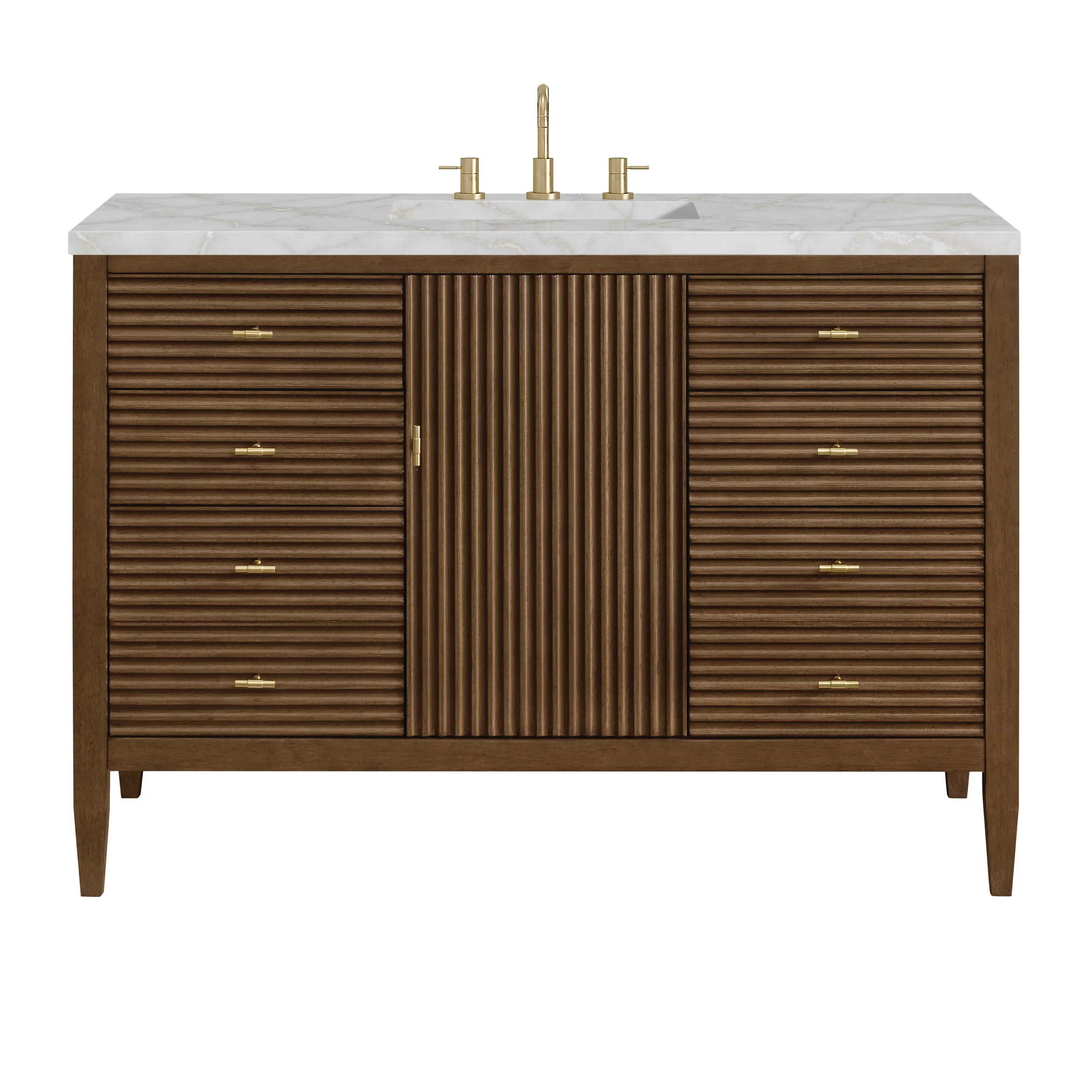 Myrrin 48" Single Vanity, Mid Century Walnut w/ 3 CM Victorian Silver Silestone Top w/FreePower Wireless Charger