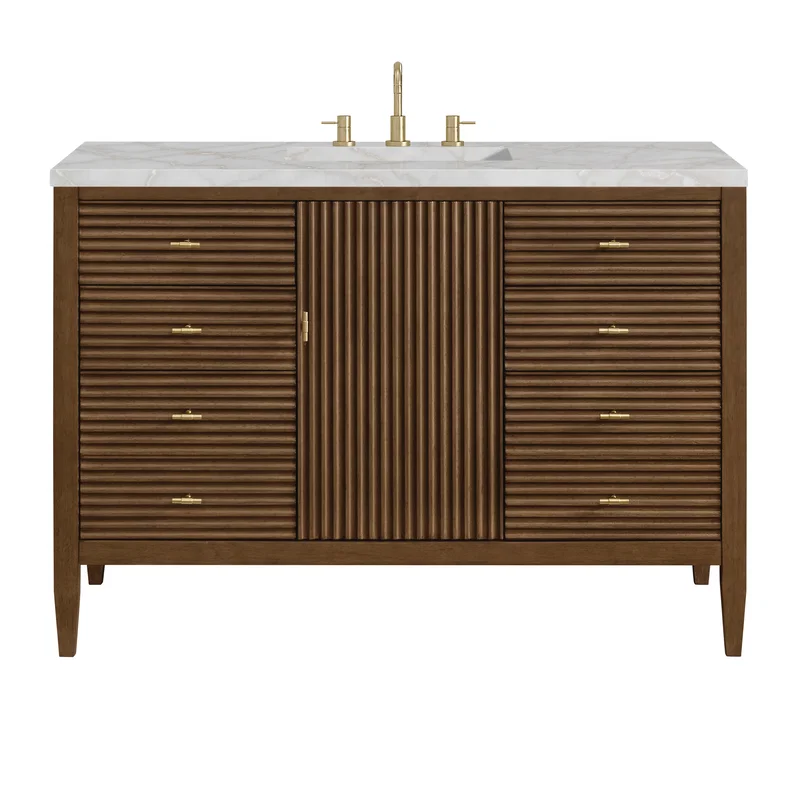 Myrrin 48" Single Vanity, Mid Century Walnut w/ 3 CM Victorian Silver Silestone Top w/FreePower Wireless Charger