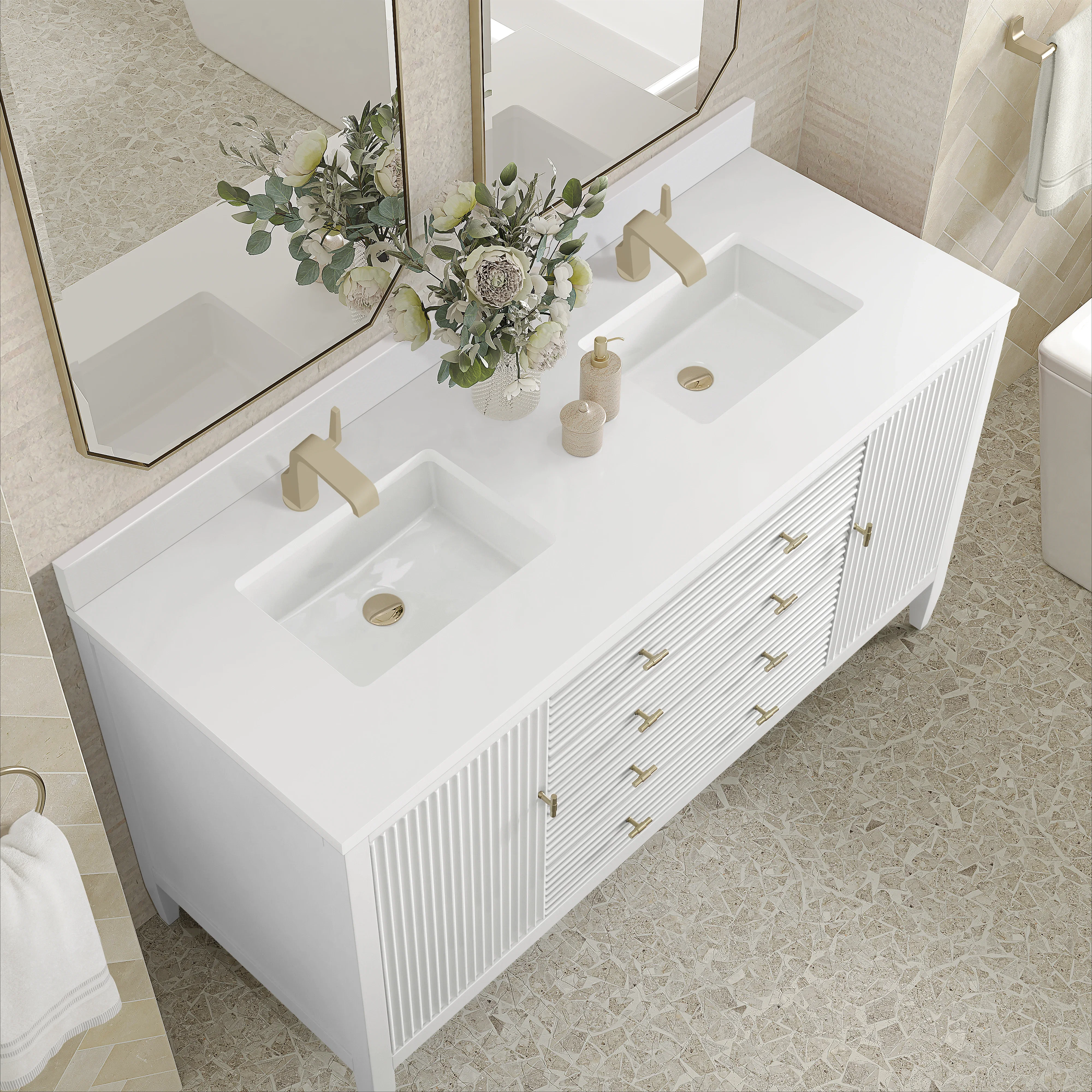 Myrrin 60" Double Vanity, Bright White w/ Single Hole 3 CM White Zeus Silestone Top & Backsplash