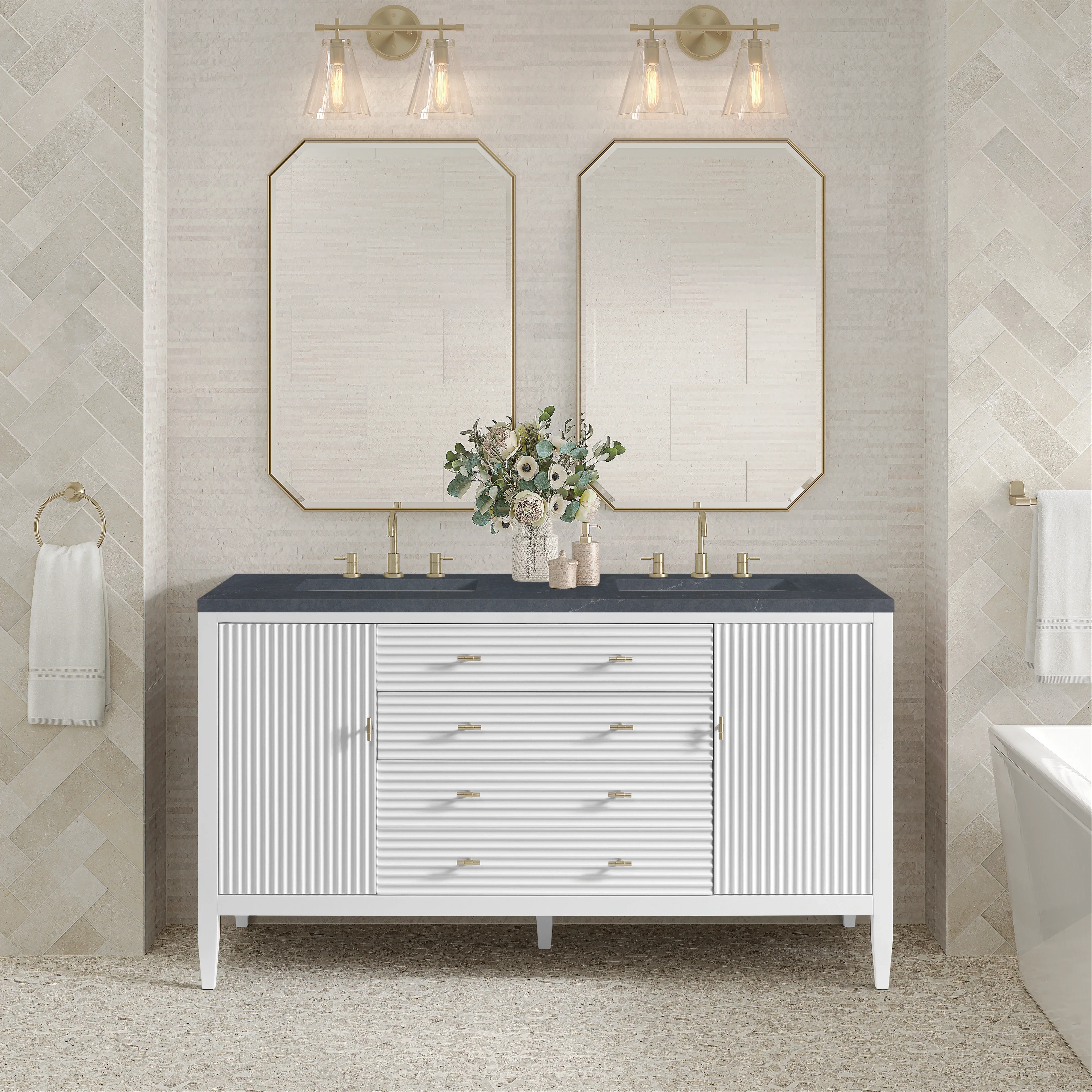 Myrrin 60" Double Vanity, Bright White w/ 3 CM Charcoal Soapstone Silestone Top
