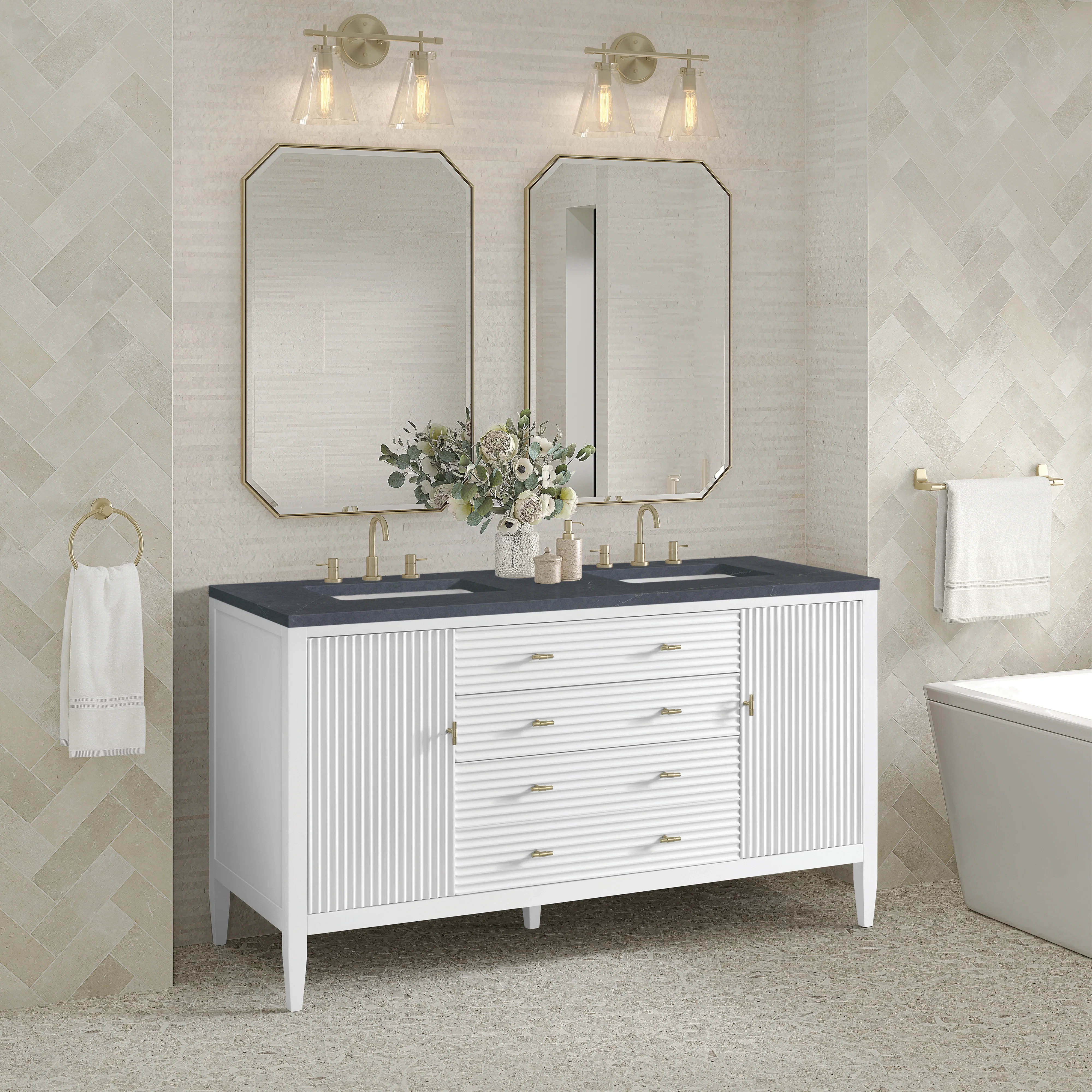 Myrrin 60" Double Vanity, Bright White w/ 3 CM Charcoal Soapstone Silestone Top