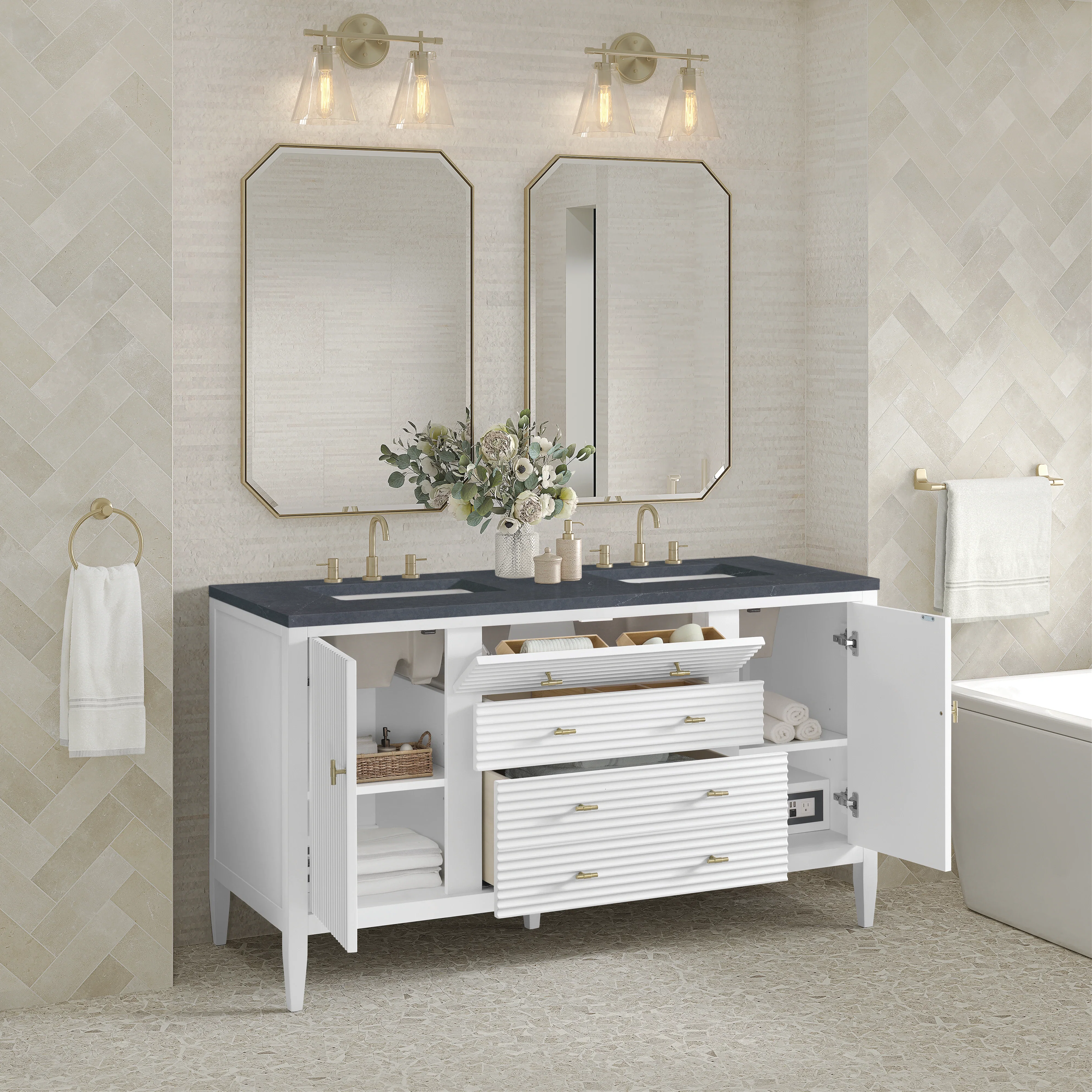 Myrrin 60" Double Vanity, Bright White w/ 3 CM Charcoal Soapstone Silestone Top