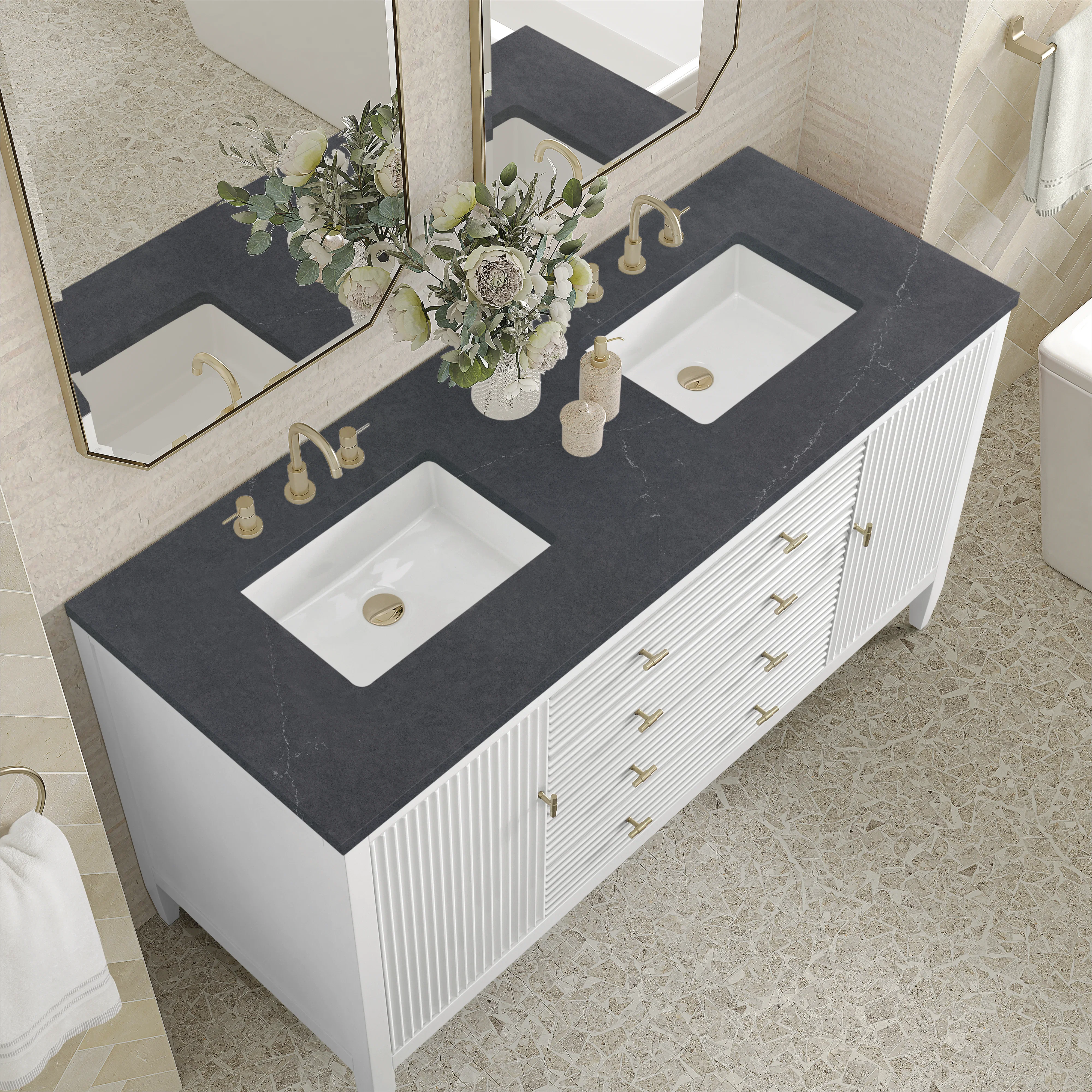 Myrrin 60" Double Vanity, Bright White w/ 3 CM Charcoal Soapstone Silestone Top