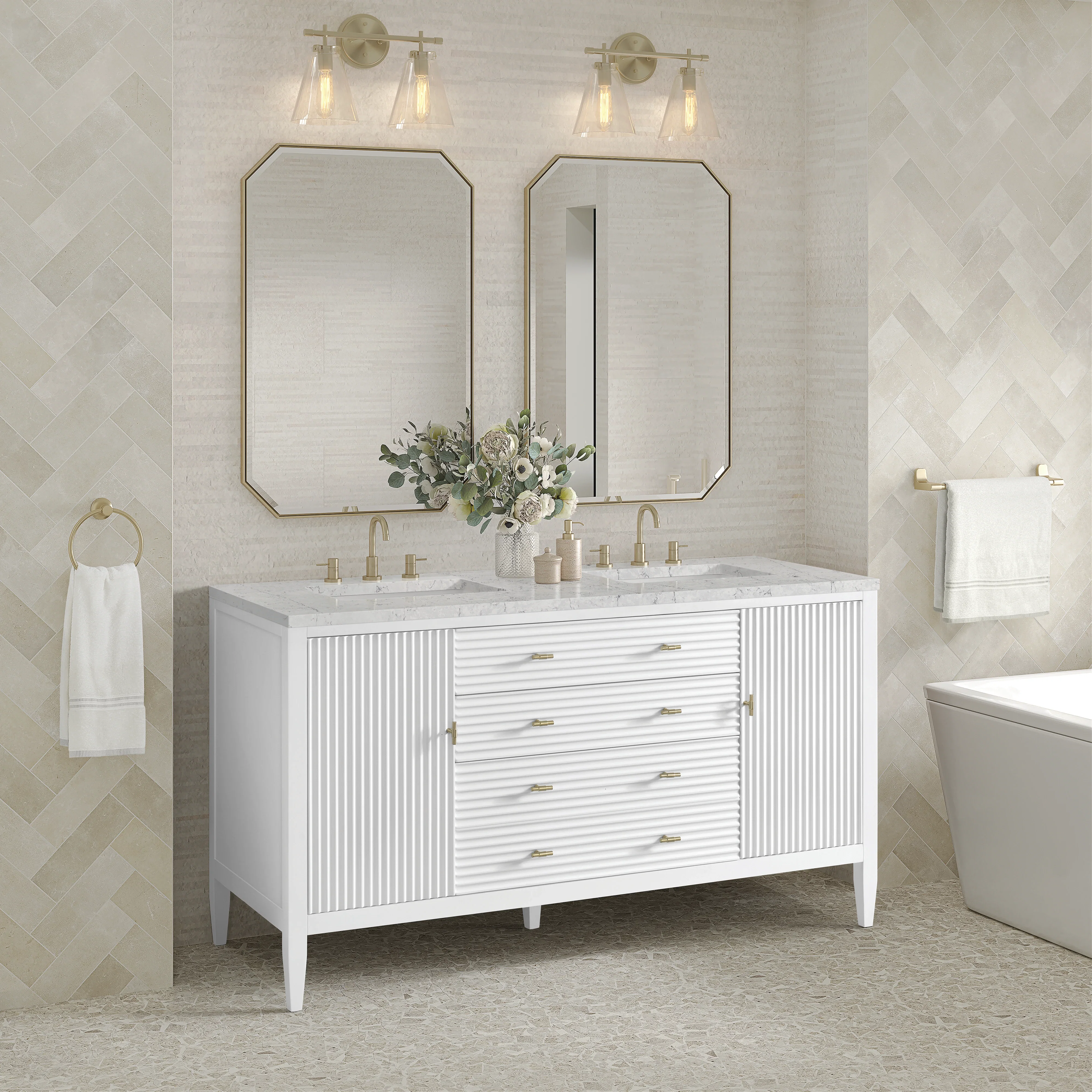 Myrrin 60" Double Vanity, Bright White w/ 3 CM Eternal Jasmine Pearl Silestone Top