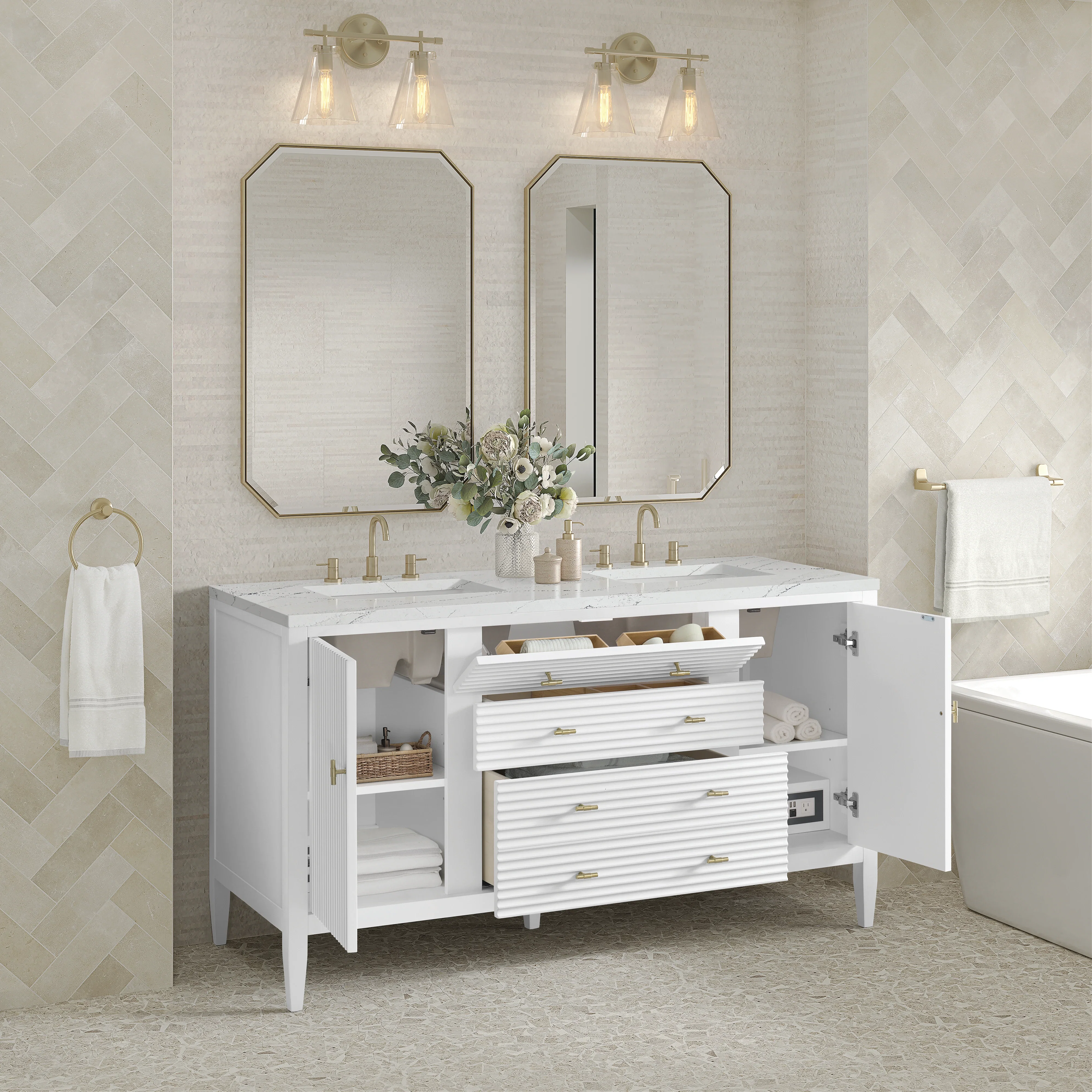 Myrrin 60" Double Vanity, Bright White w/ 3 CM Ethereal Noctis Silestone Top