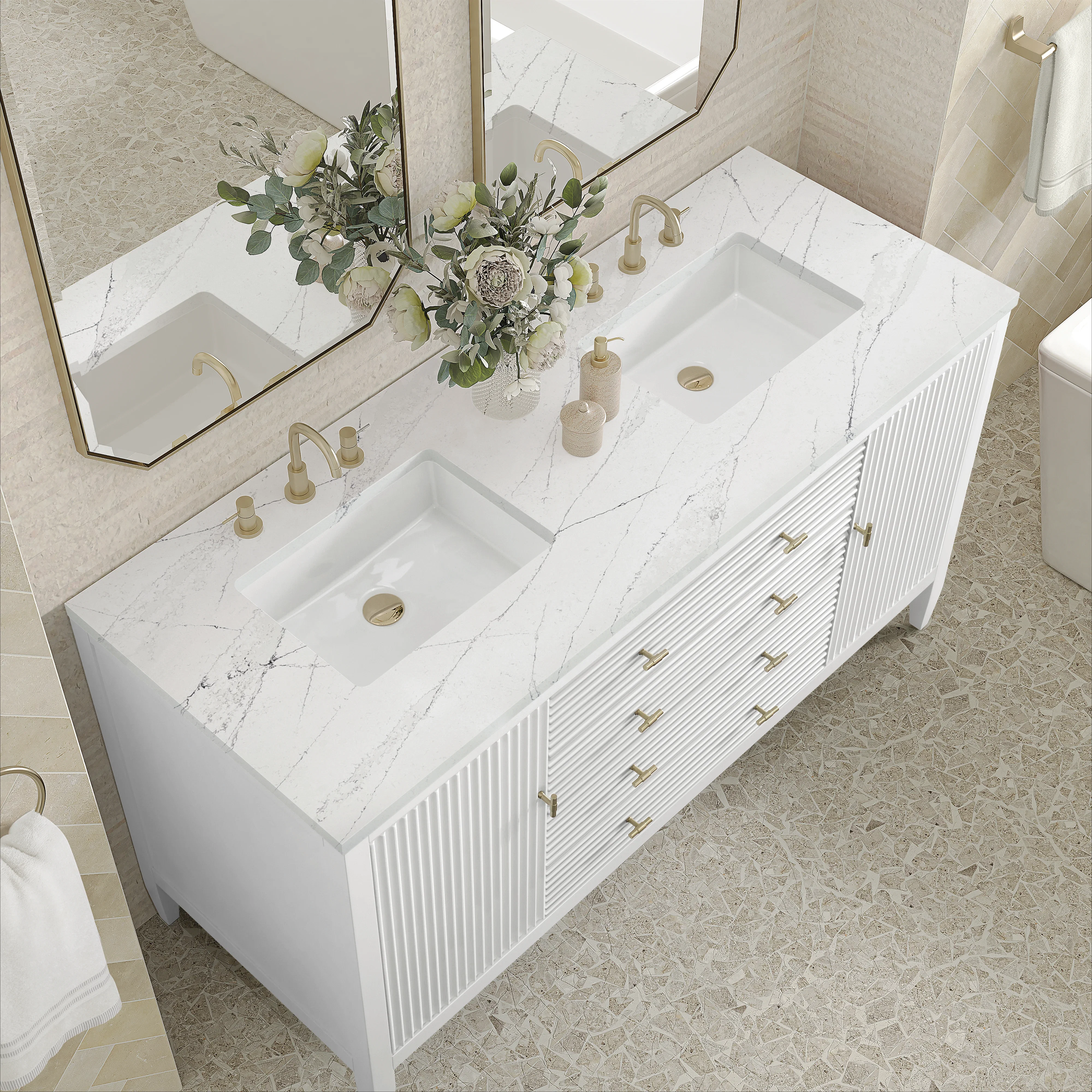 Myrrin 60" Double Vanity, Bright White w/ 3 CM Ethereal Noctis Silestone Top