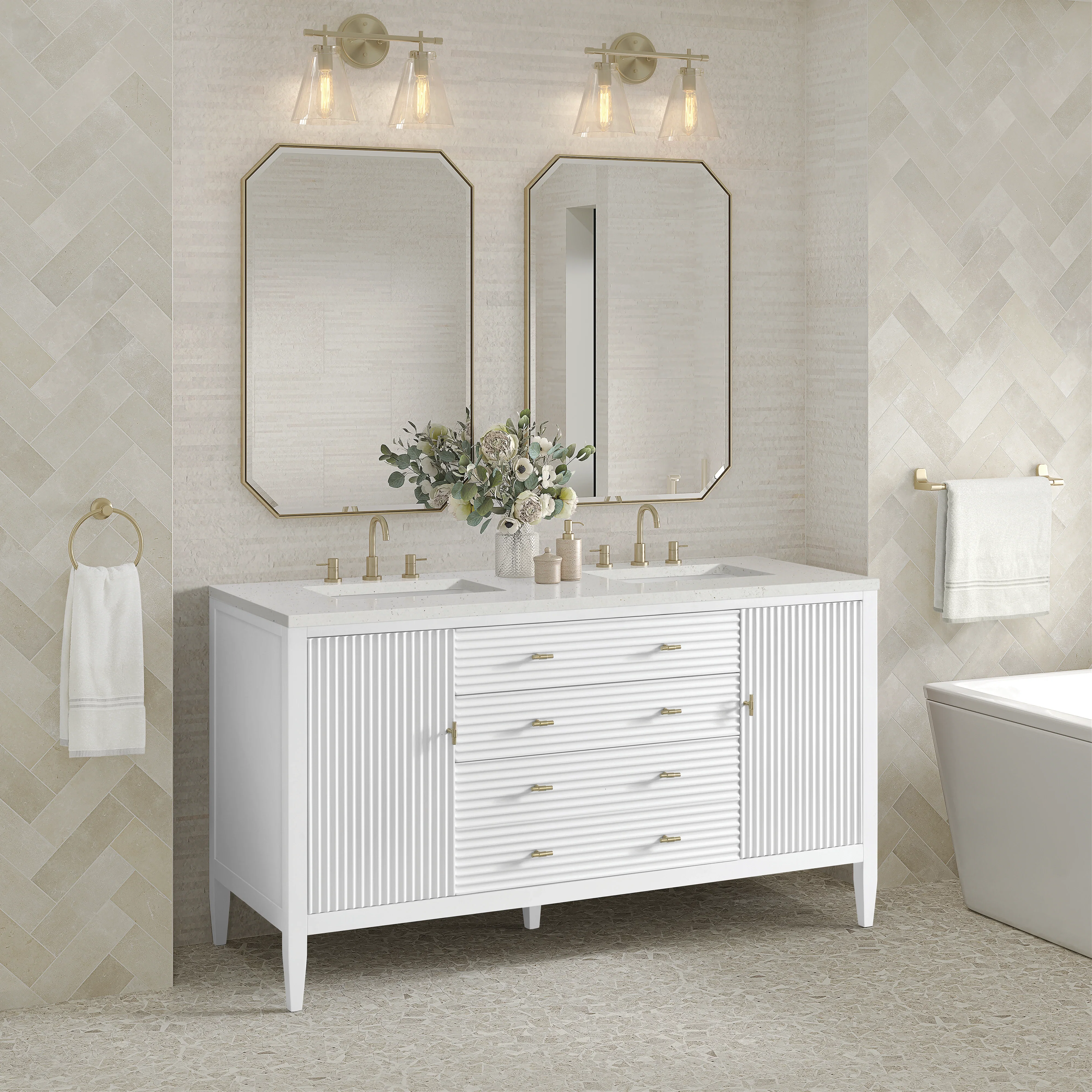 Myrrin 60" Double Vanity, Bright White w/ 3 CM Lime Delight Silestone Top