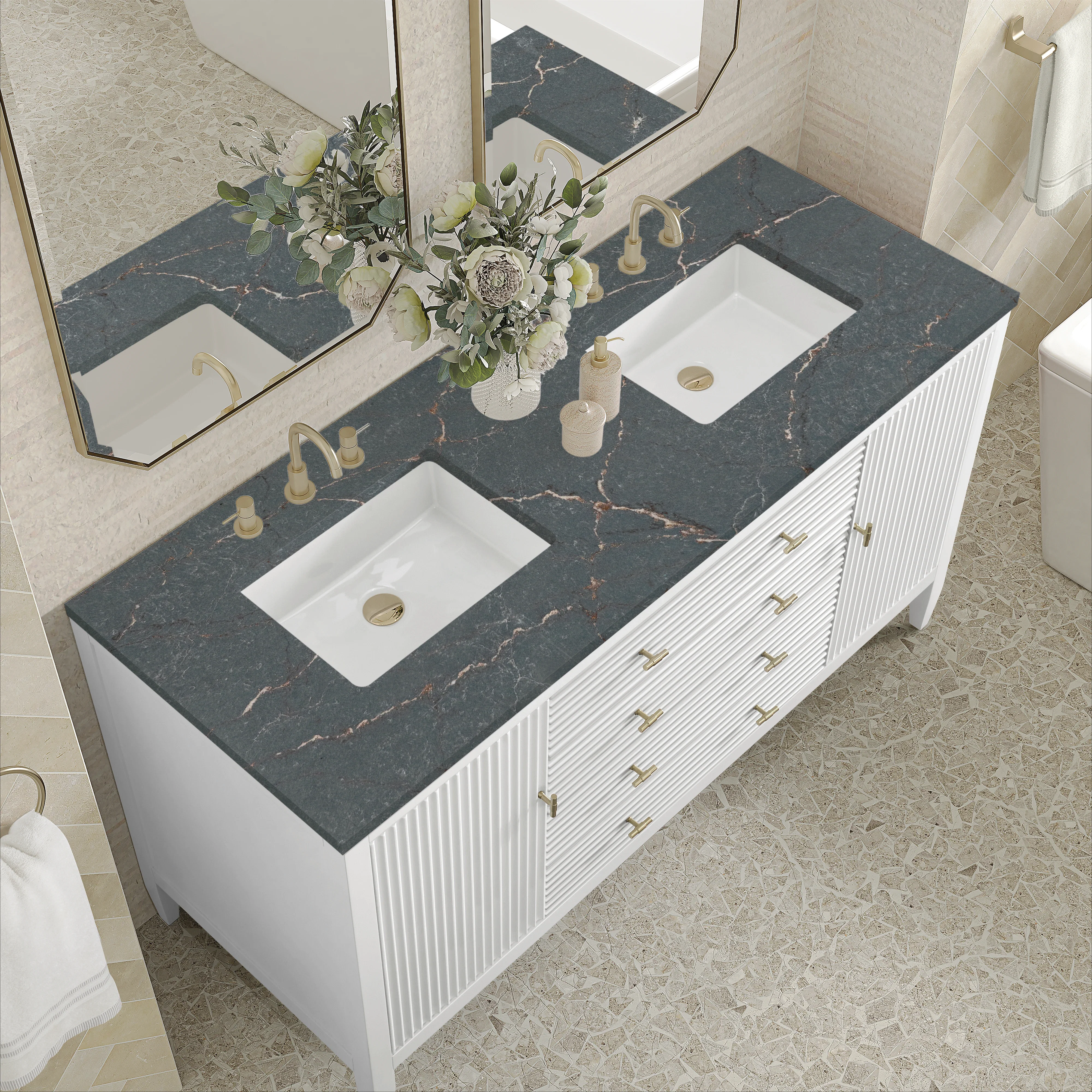 Myrrin 60" Double Vanity, Bright White w/ 3 CM Parisien Bleu Silestone Top