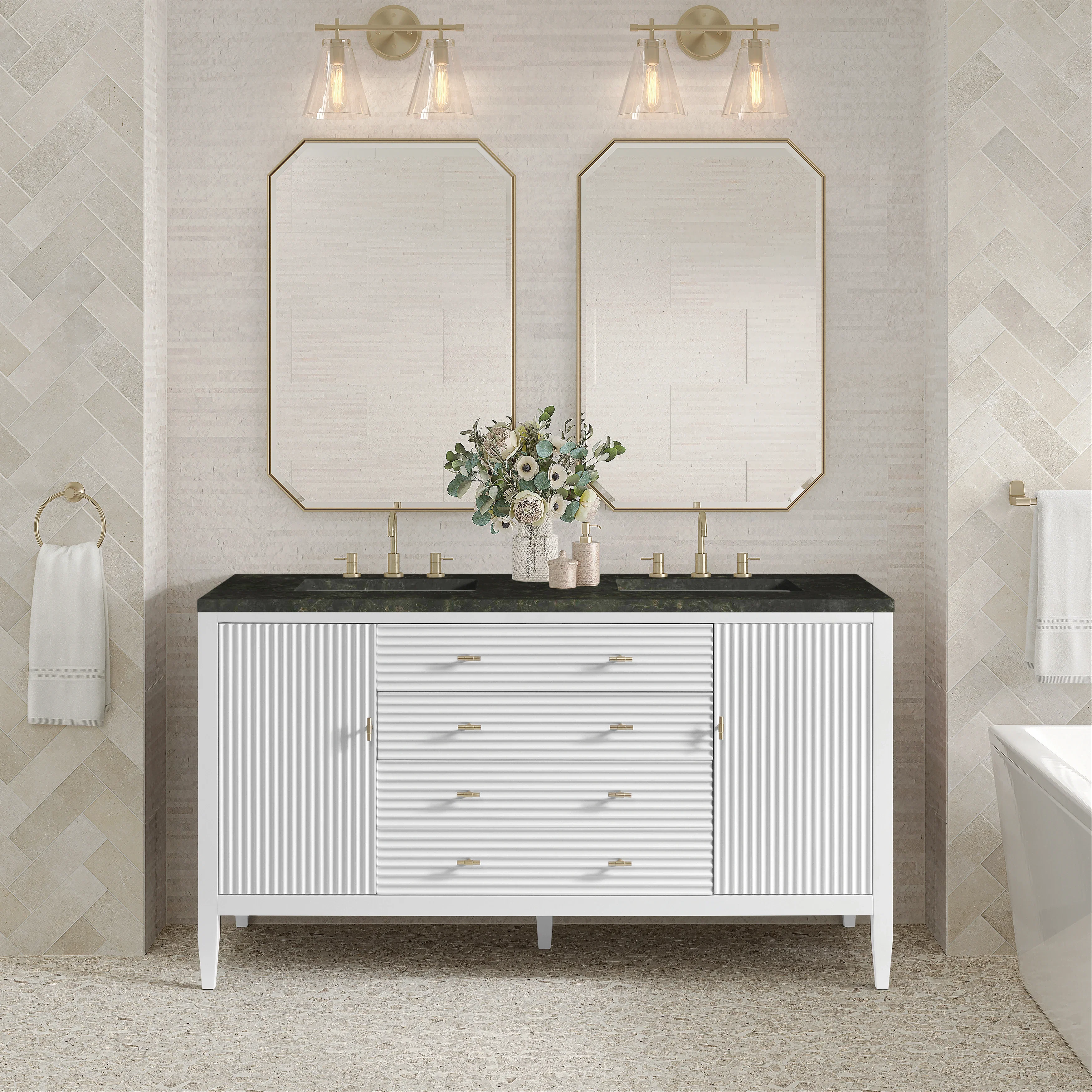 Myrrin 60" Double Vanity, Bright White, w/ 3 CM Phantome Eclos Top