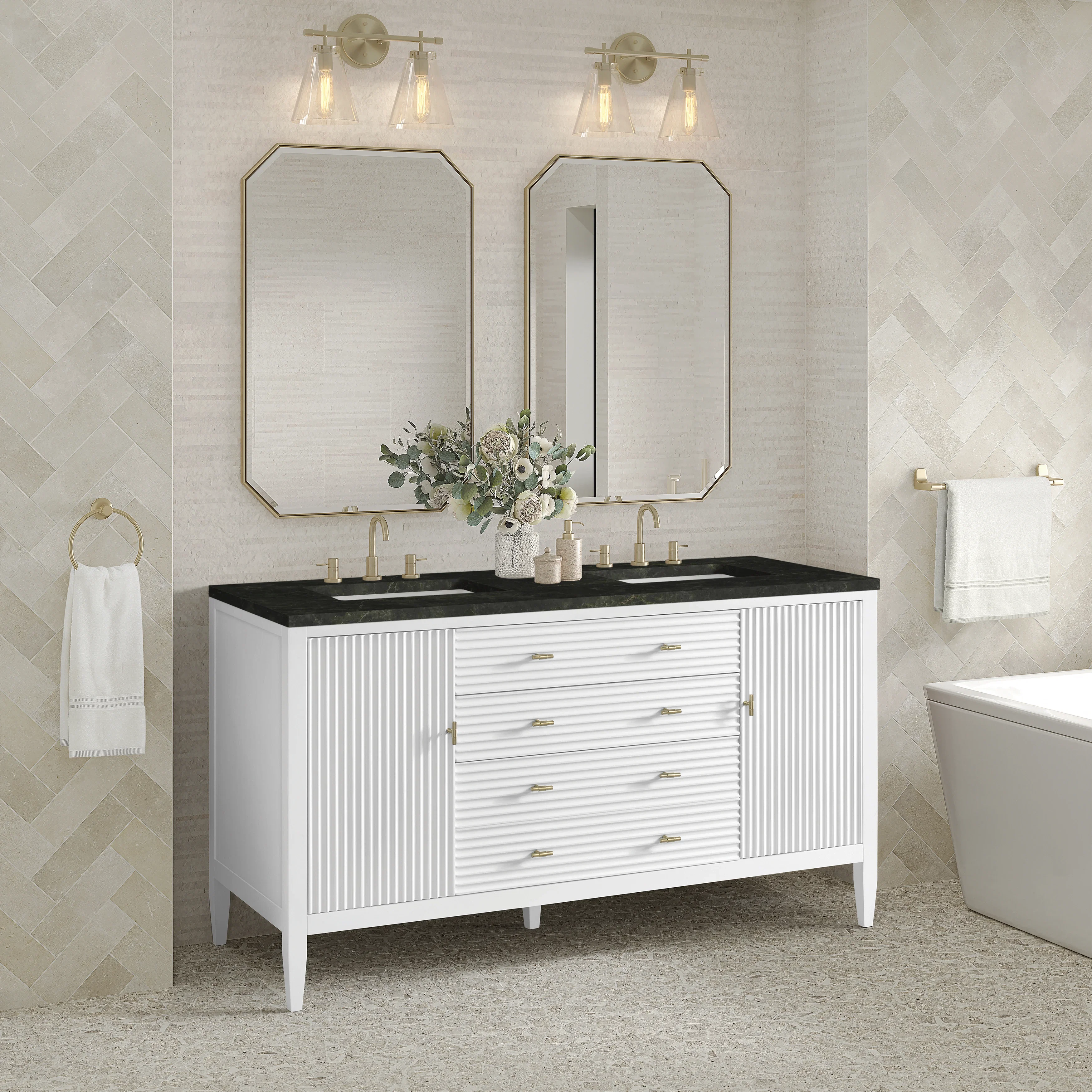 Myrrin 60" Double Vanity, Bright White, w/ 3 CM Phantome Eclos Top