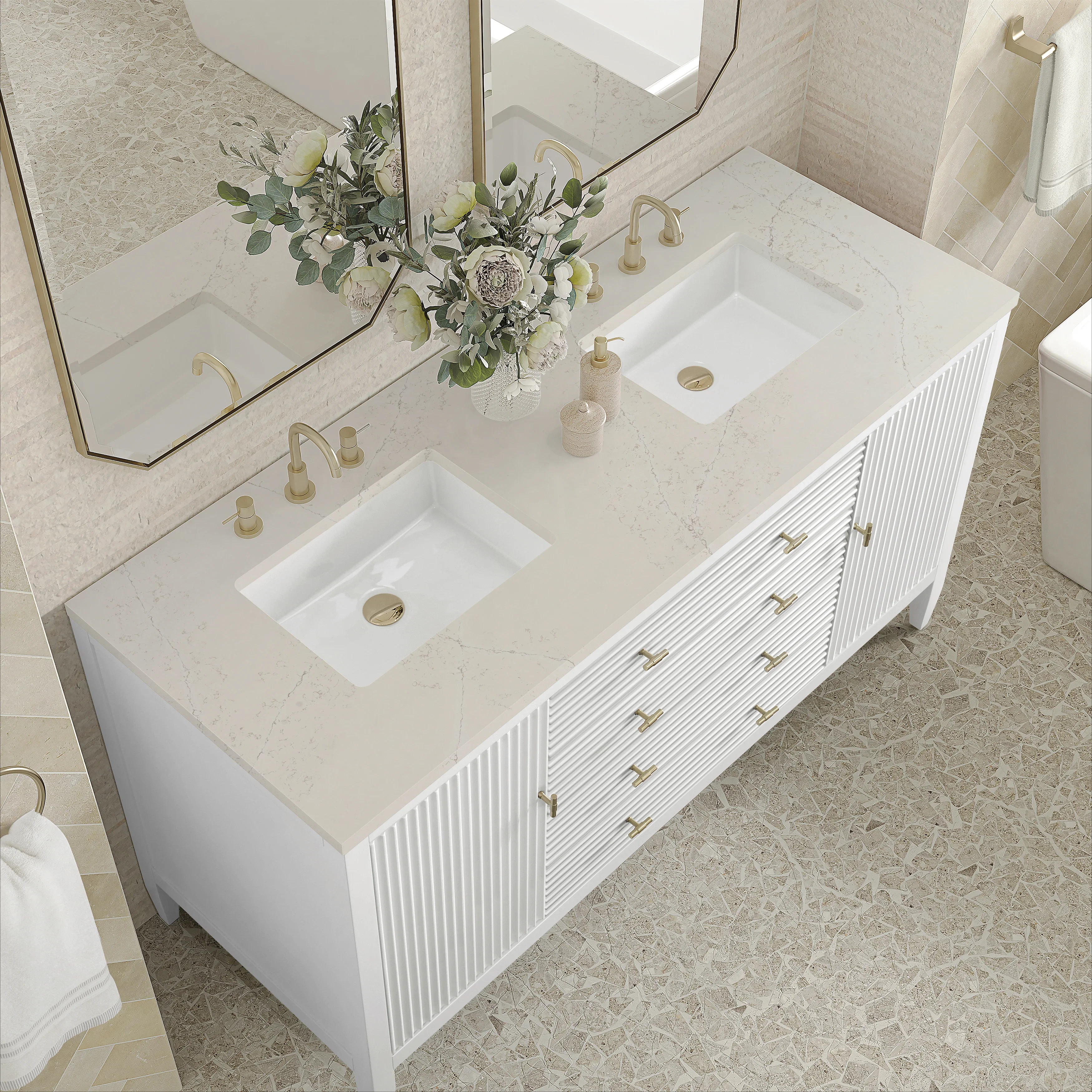 Myrrin 60" Double Vanity, Bright White, w/ 3 CM Siberian Silestone Top