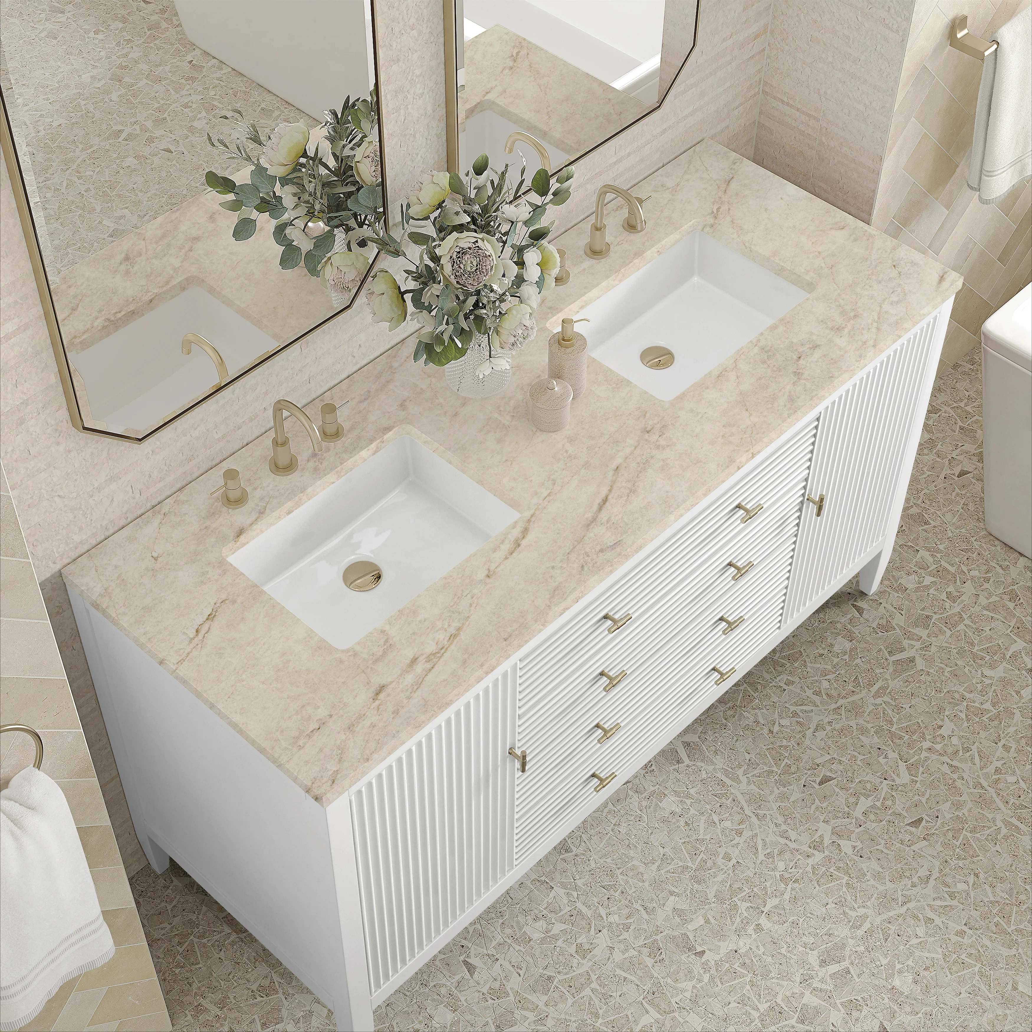 Myrrin 60" Double Vanity, Bright White, w/ 3 CM Tajnar Eclos Top