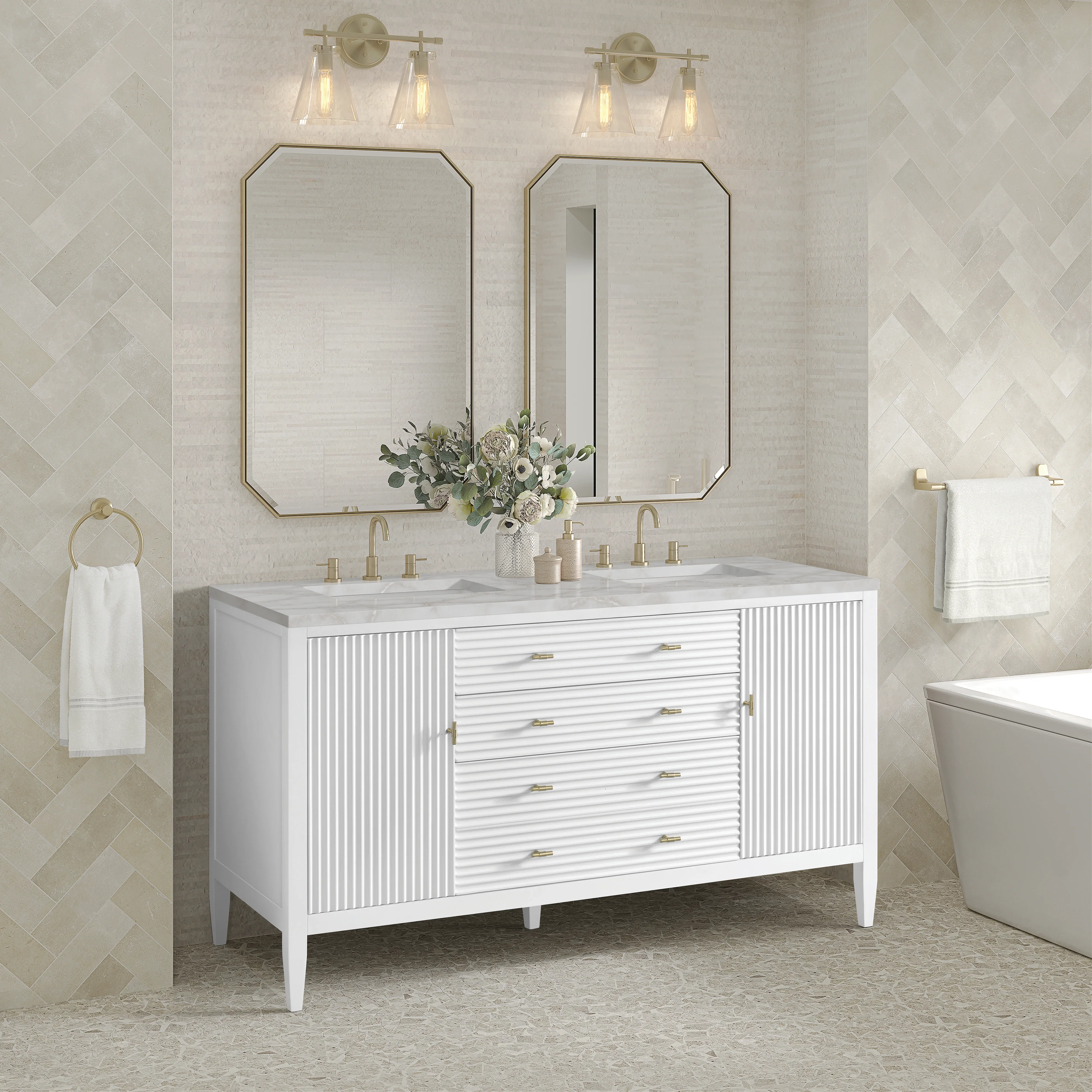 Myrrin 60" Double Vanity, Bright White w/ 3 CM Victorian Silver Silestone Top
