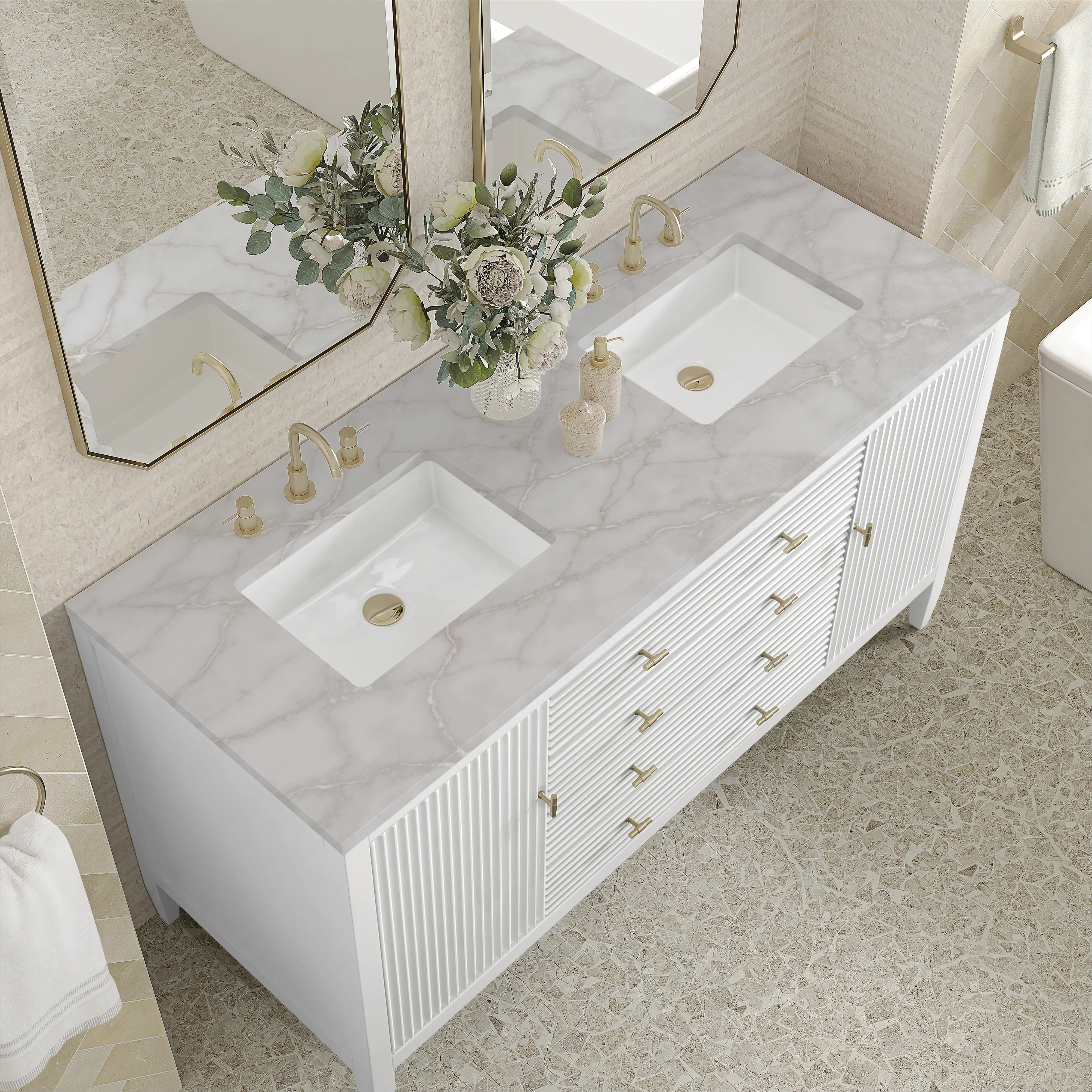 Myrrin 60" Double Vanity, Bright White w/ 3 CM Victorian Silver Silestone Top