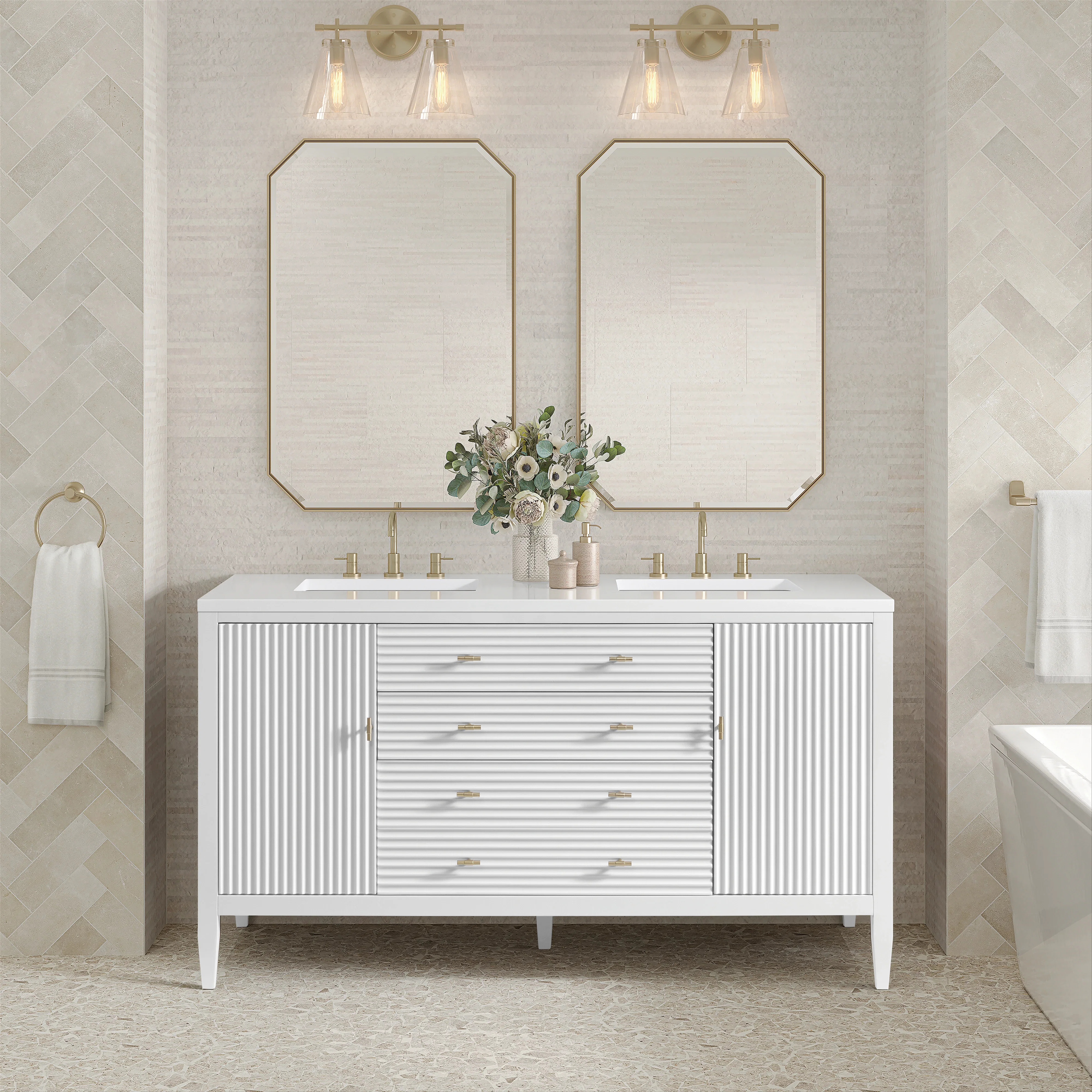 Myrrin 60" Double Vanity, Bright White w/ 3 CM White Zeus Silestone Top