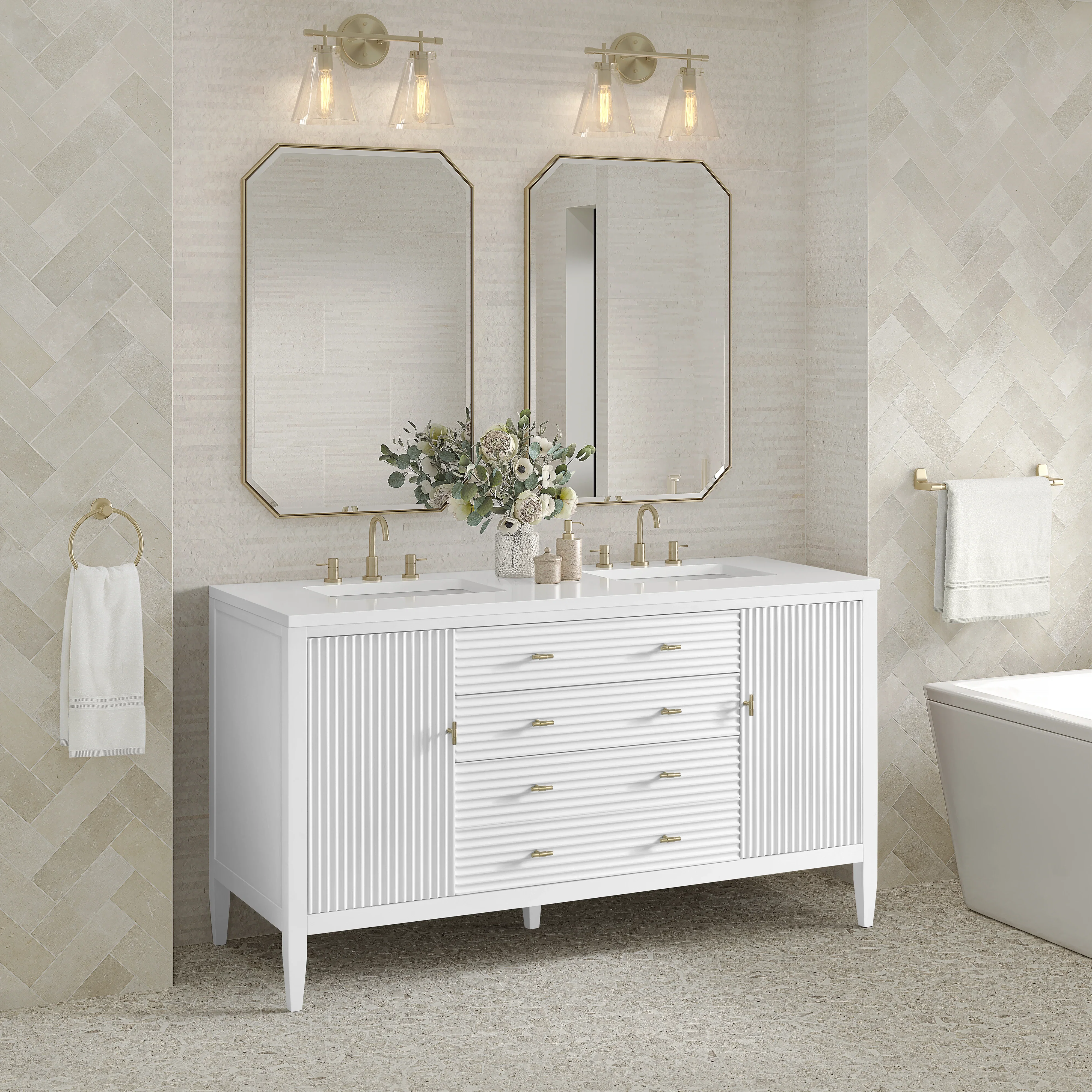 Myrrin 60" Double Vanity, Bright White w/ 3 CM White Zeus Silestone Top