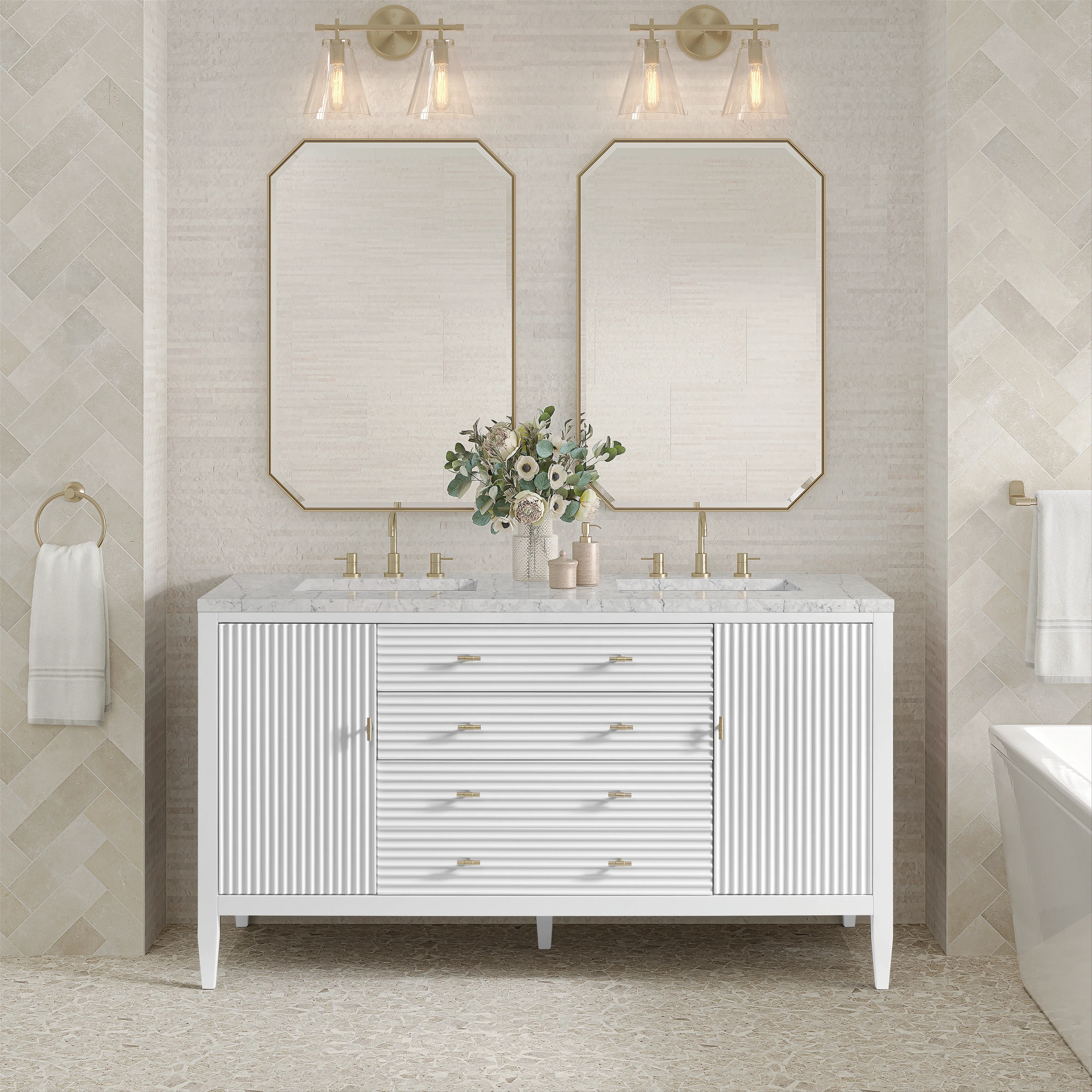 Myrrin 60" Double Vanity, Bright White w/ 3 CM Eternal Jasmine Pearl Silestone Top w/FreePower Wireless Charger