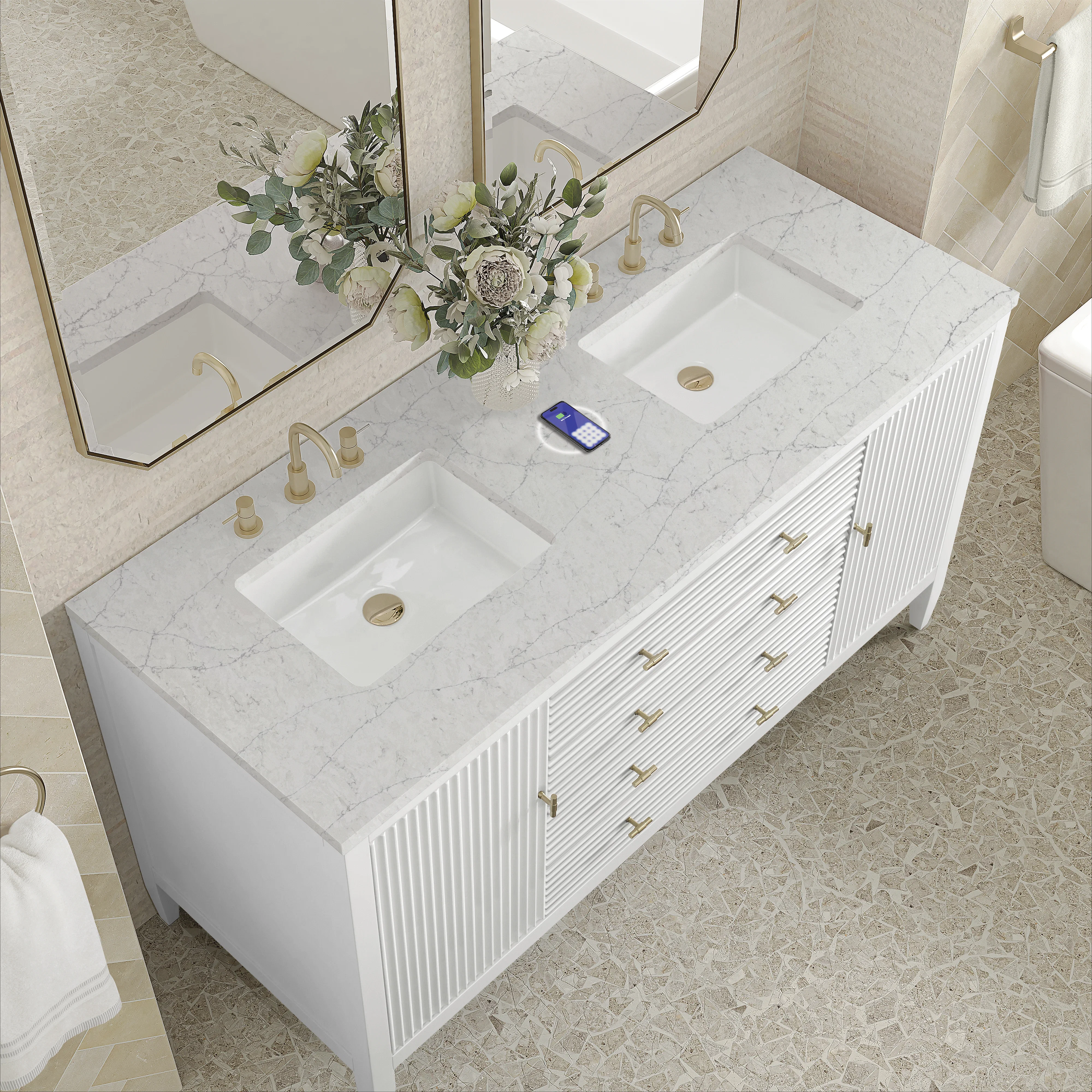 Myrrin 60" Double Vanity, Bright White w/ 3 CM Eternal Jasmine Pearl Silestone Top w/FreePower Wireless Charger