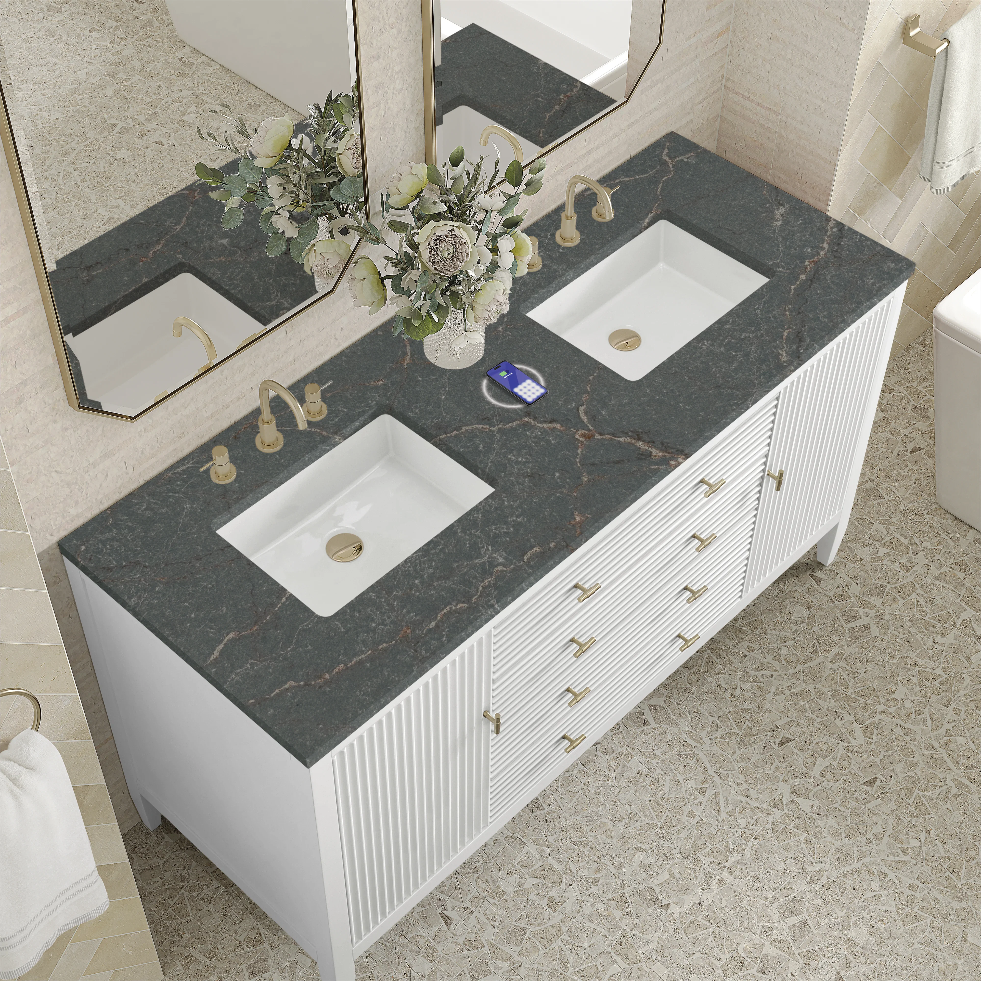 Myrrin 60" Double Vanity, Bright White w/ 3 CM Parisien Bleu Silestone Top w/FreePower Wireless Charger