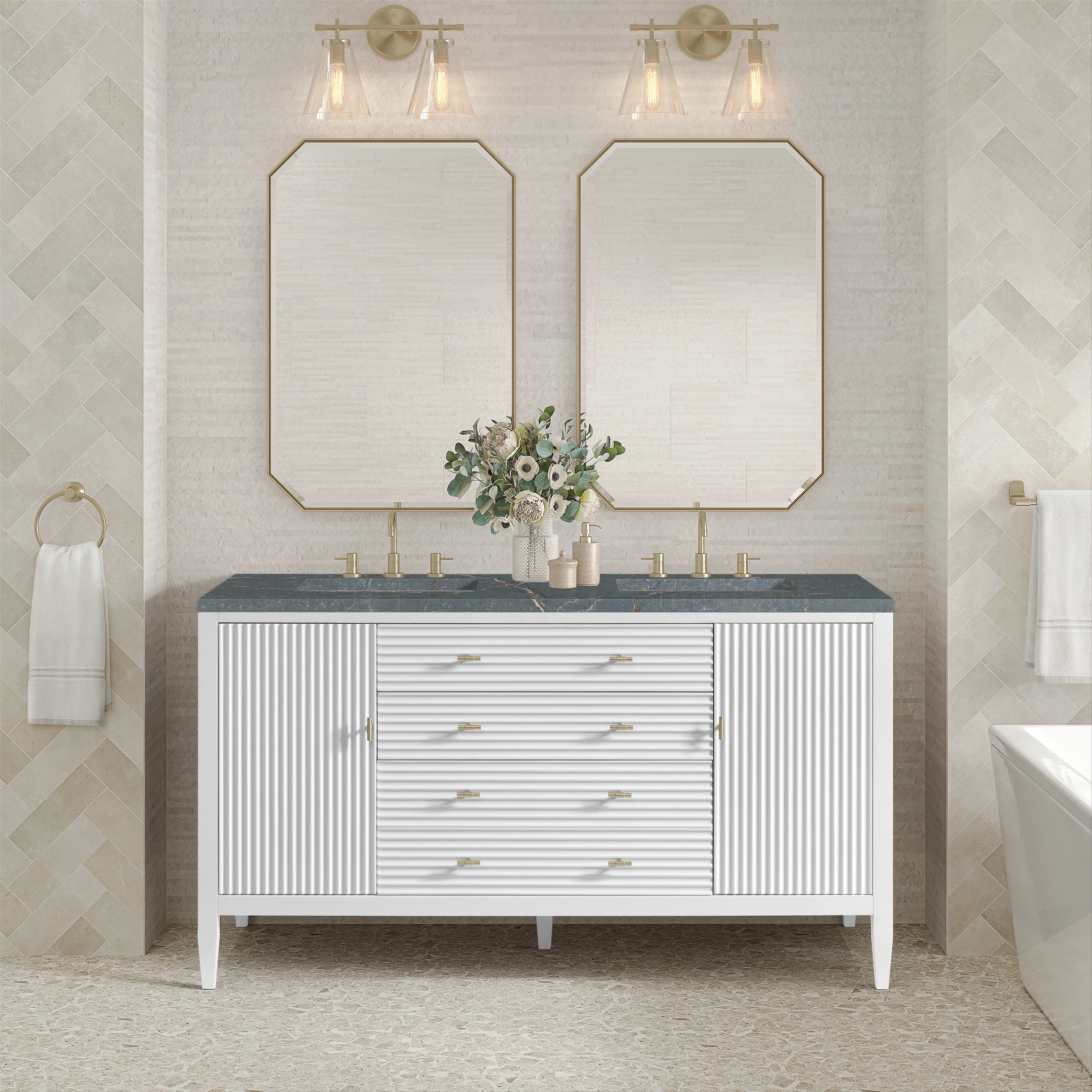 Myrrin 60" Double Vanity, Bright White w/ 3 CM Parisien Bleu Silestone Top w/FreePower Wireless Charger