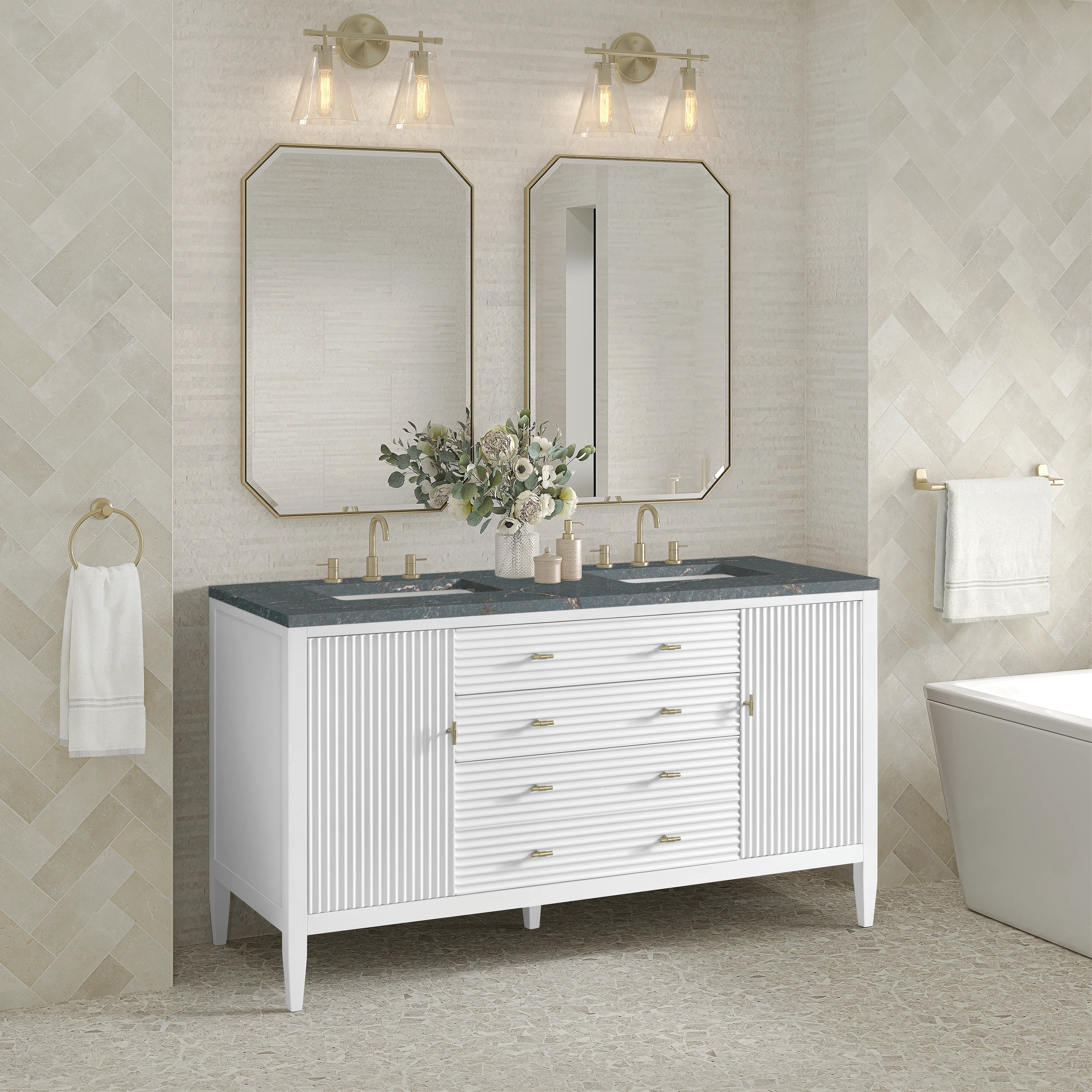 Myrrin 60" Double Vanity, Bright White w/ 3 CM Parisien Bleu Silestone Top w/FreePower Wireless Charger