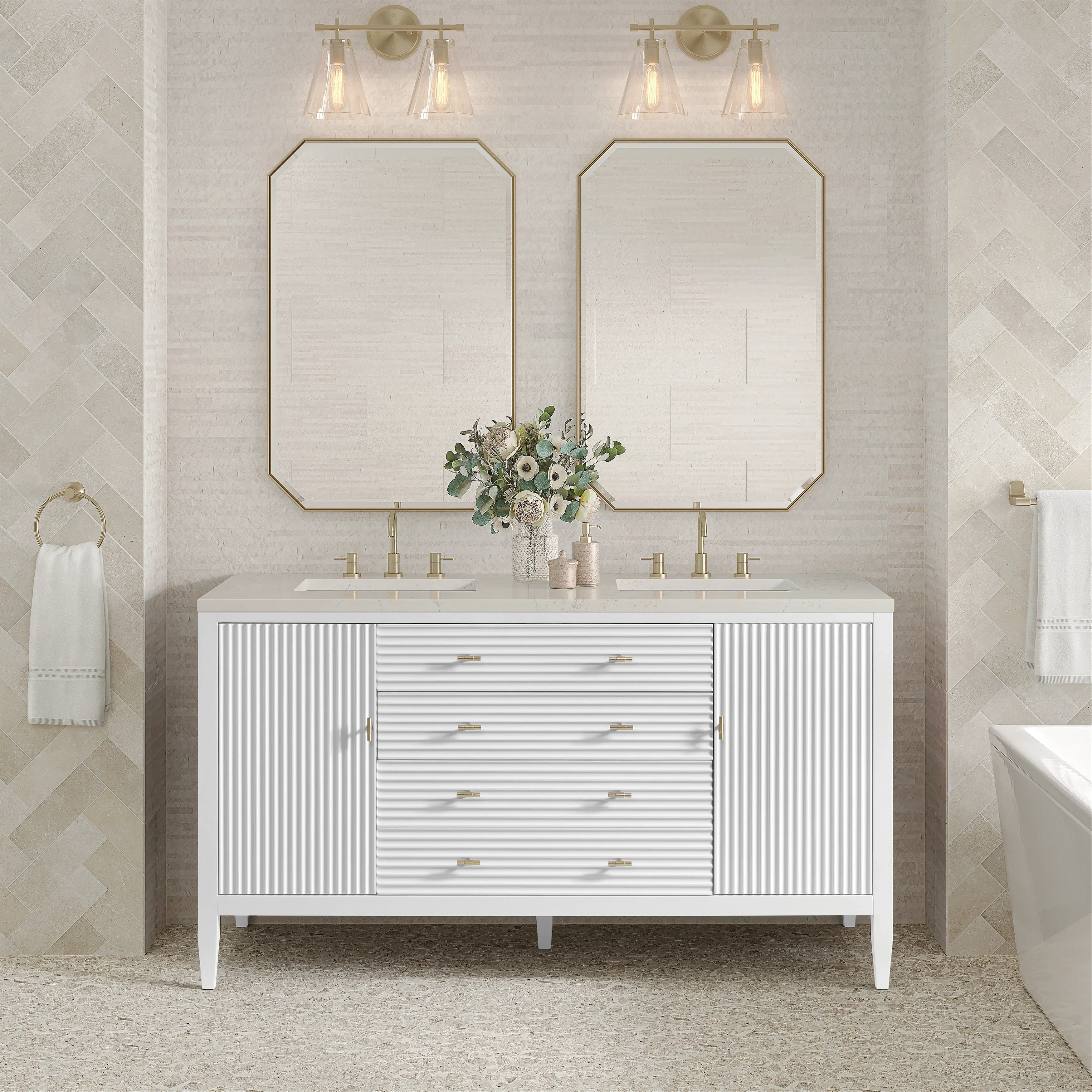 Myrrin 60" Double Vanity, Bright White, w/ 3 CM Siberian Silestone Top w/FreePower Wireless Charger