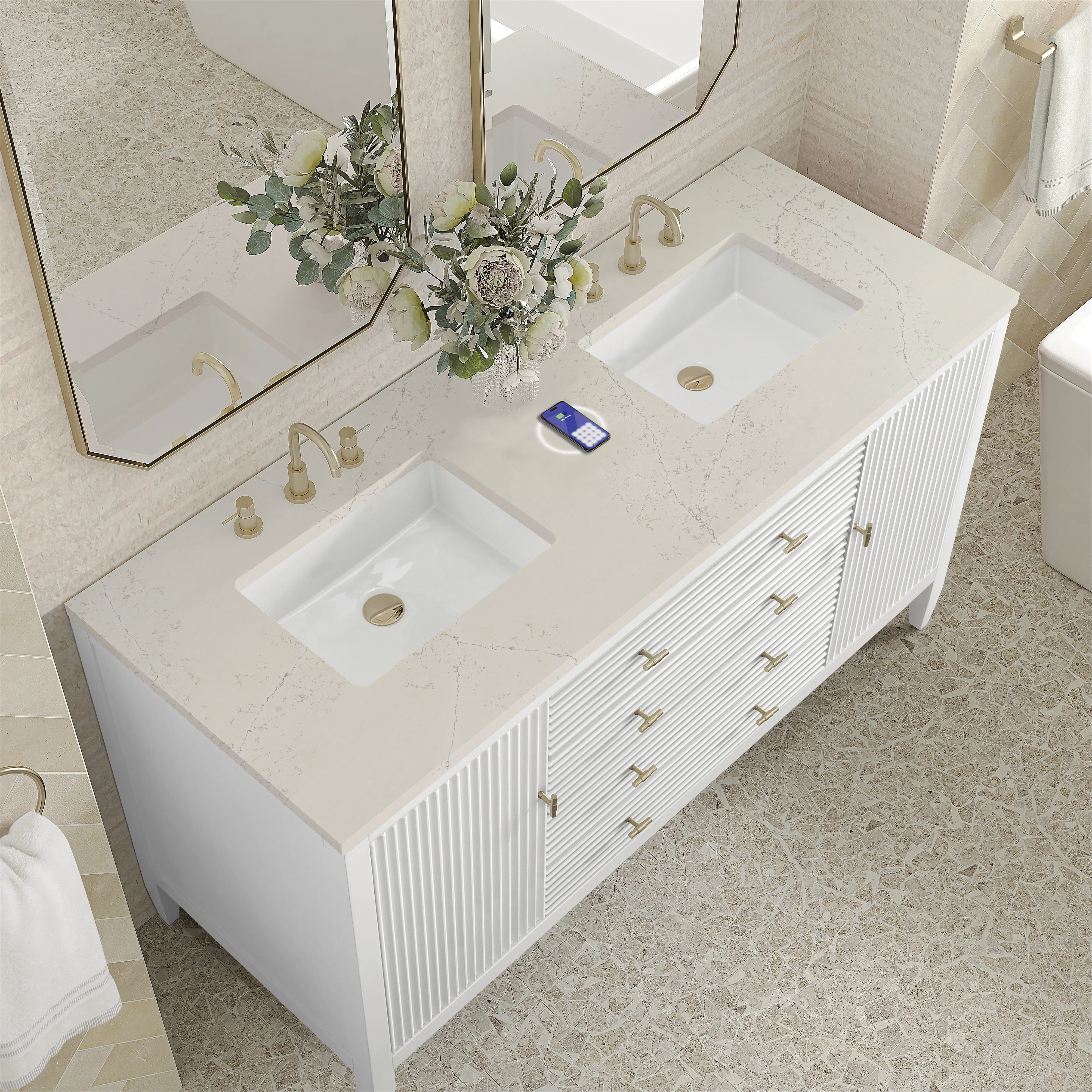 Myrrin 60" Double Vanity, Bright White, w/ 3 CM Siberian Silestone Top w/FreePower Wireless Charger