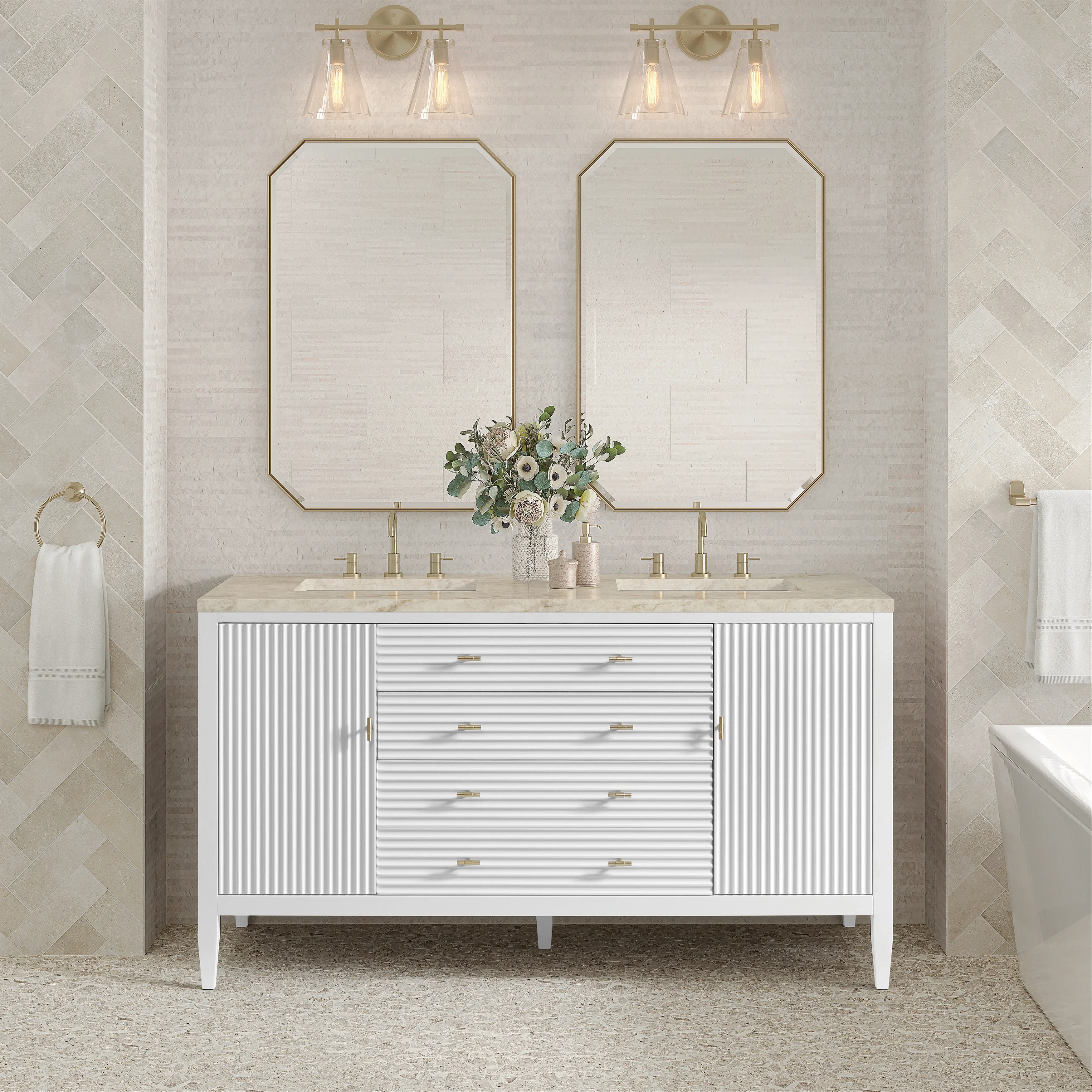 Myrrin 60" Double Vanity, Bright White, w/ 3 CM Tajnar Eclos Top w/FreePower Wireless Charger