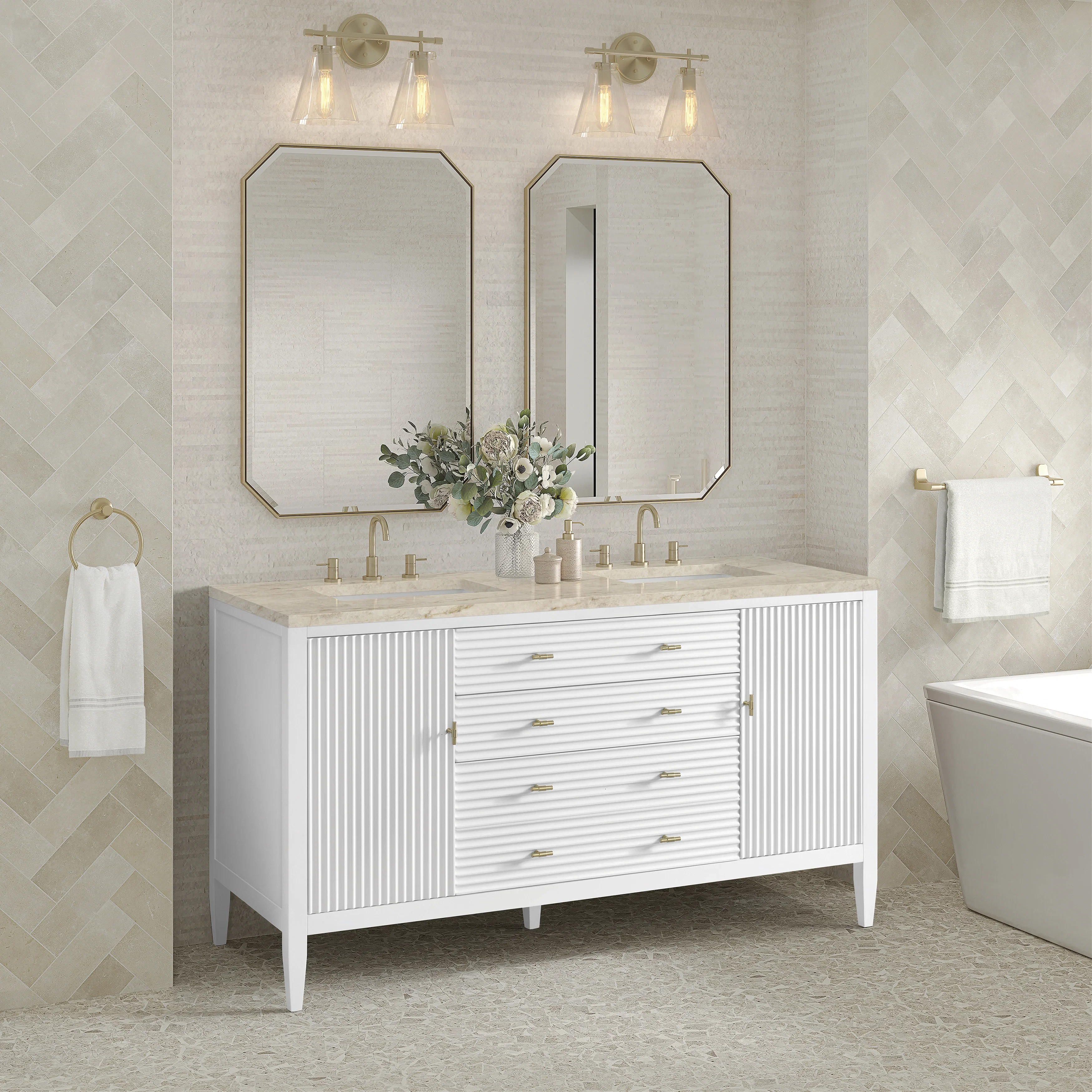Myrrin 60" Double Vanity, Bright White, w/ 3 CM Tajnar Eclos Top w/FreePower Wireless Charger