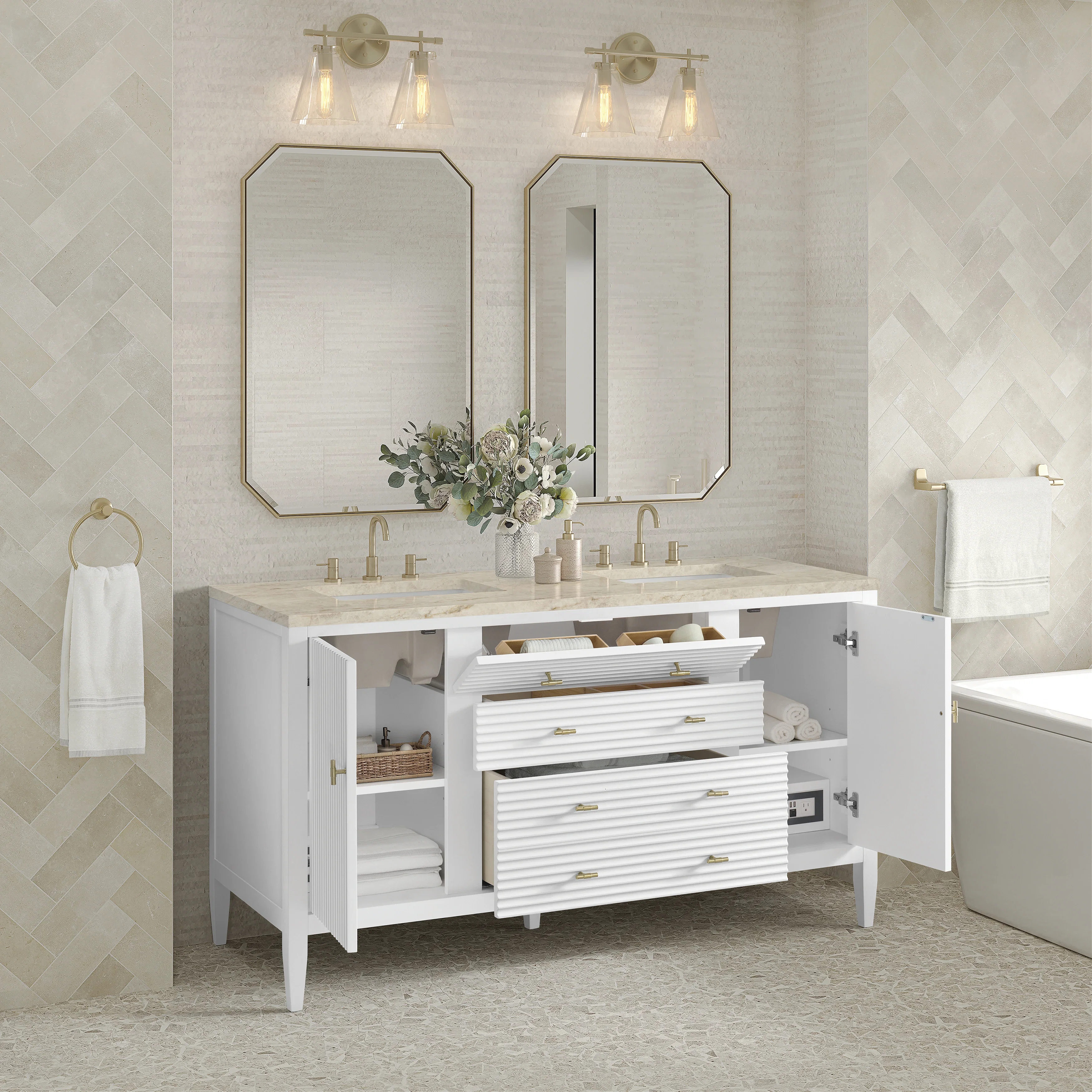 Myrrin 60" Double Vanity, Bright White, w/ 3 CM Tajnar Eclos Top w/FreePower Wireless Charger
