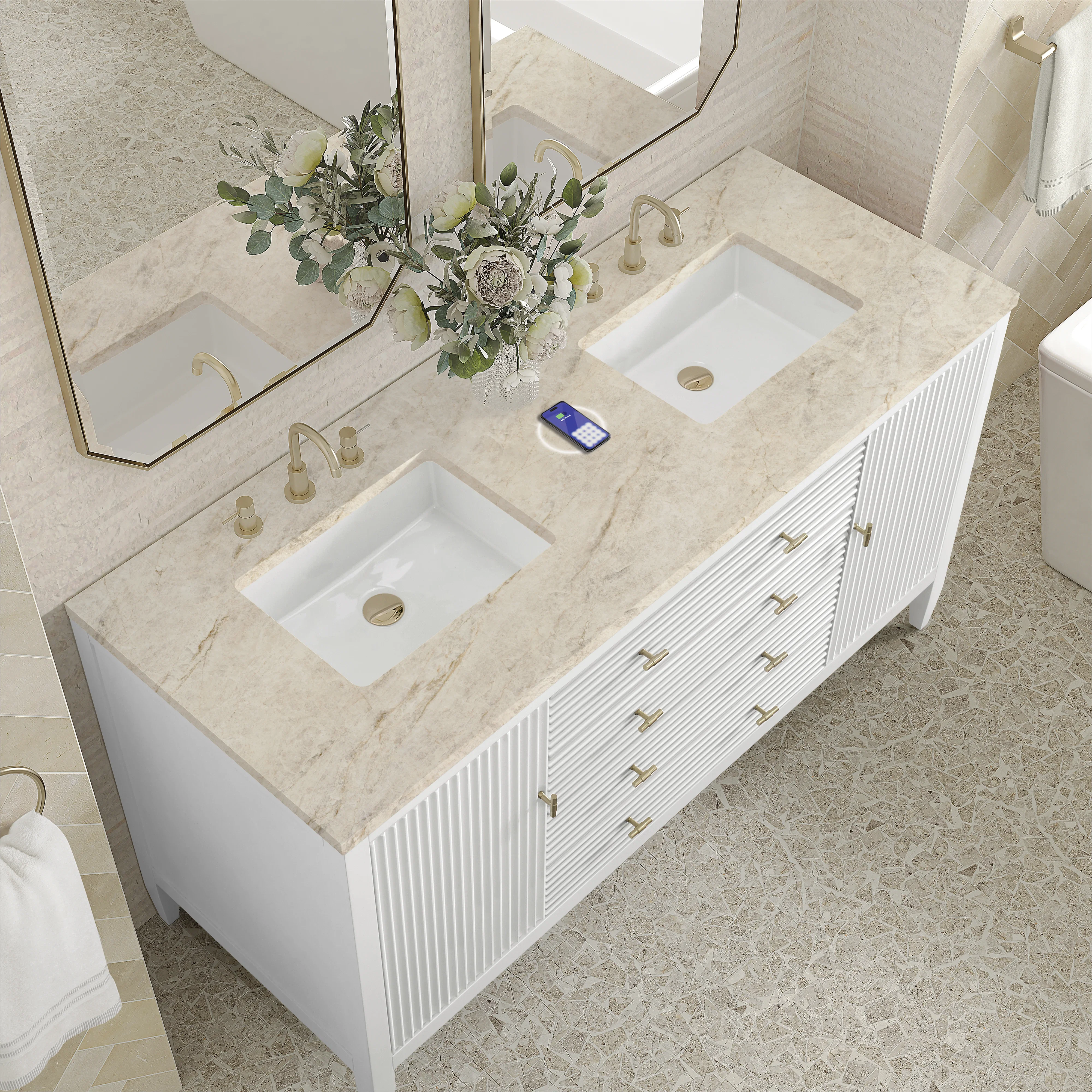 Myrrin 60" Double Vanity, Bright White, w/ 3 CM Tajnar Eclos Top w/FreePower Wireless Charger
