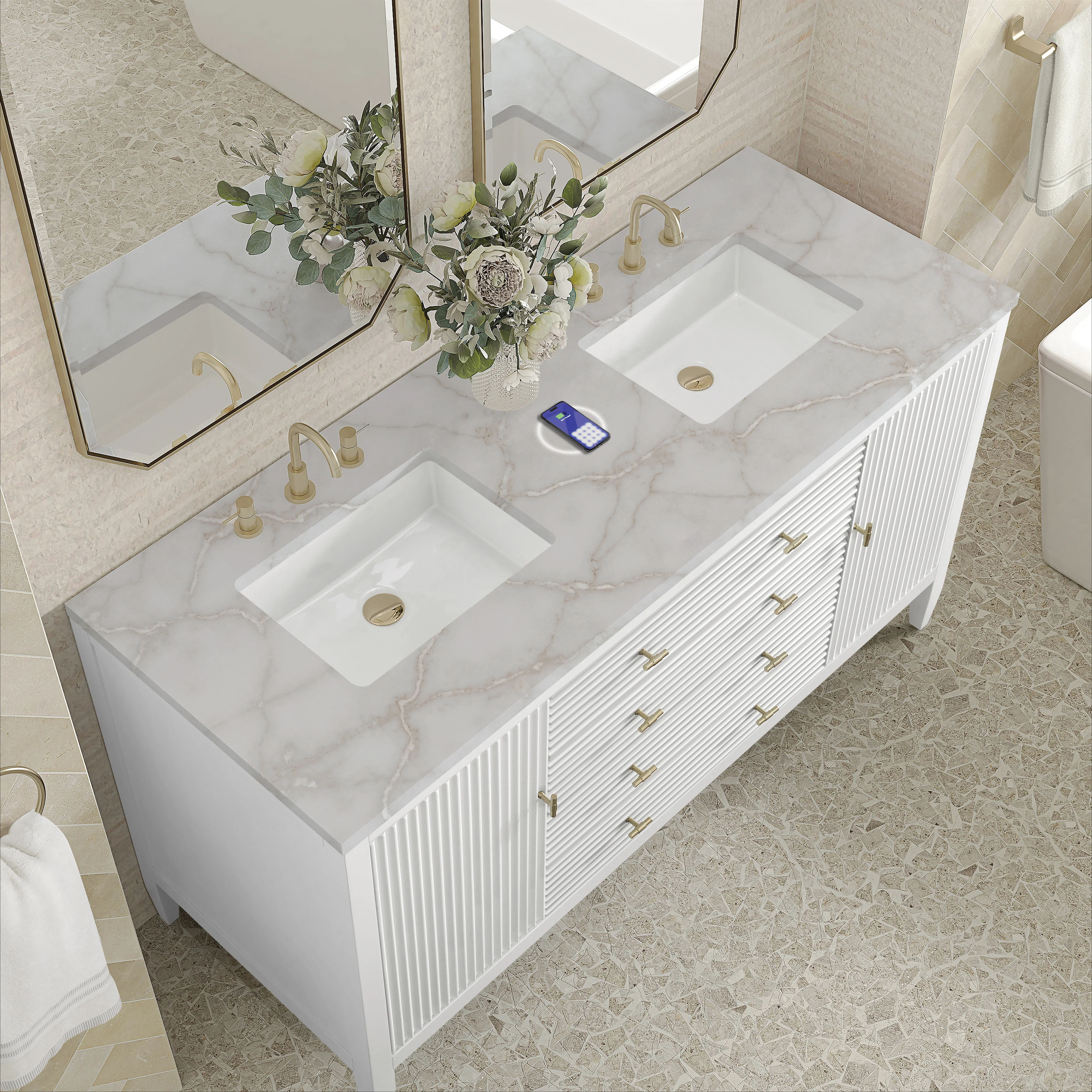 Myrrin 60" Double Vanity, Bright White w/ 3 CM Victorian Silver Silestone Top w/FreePower Wireless Charger