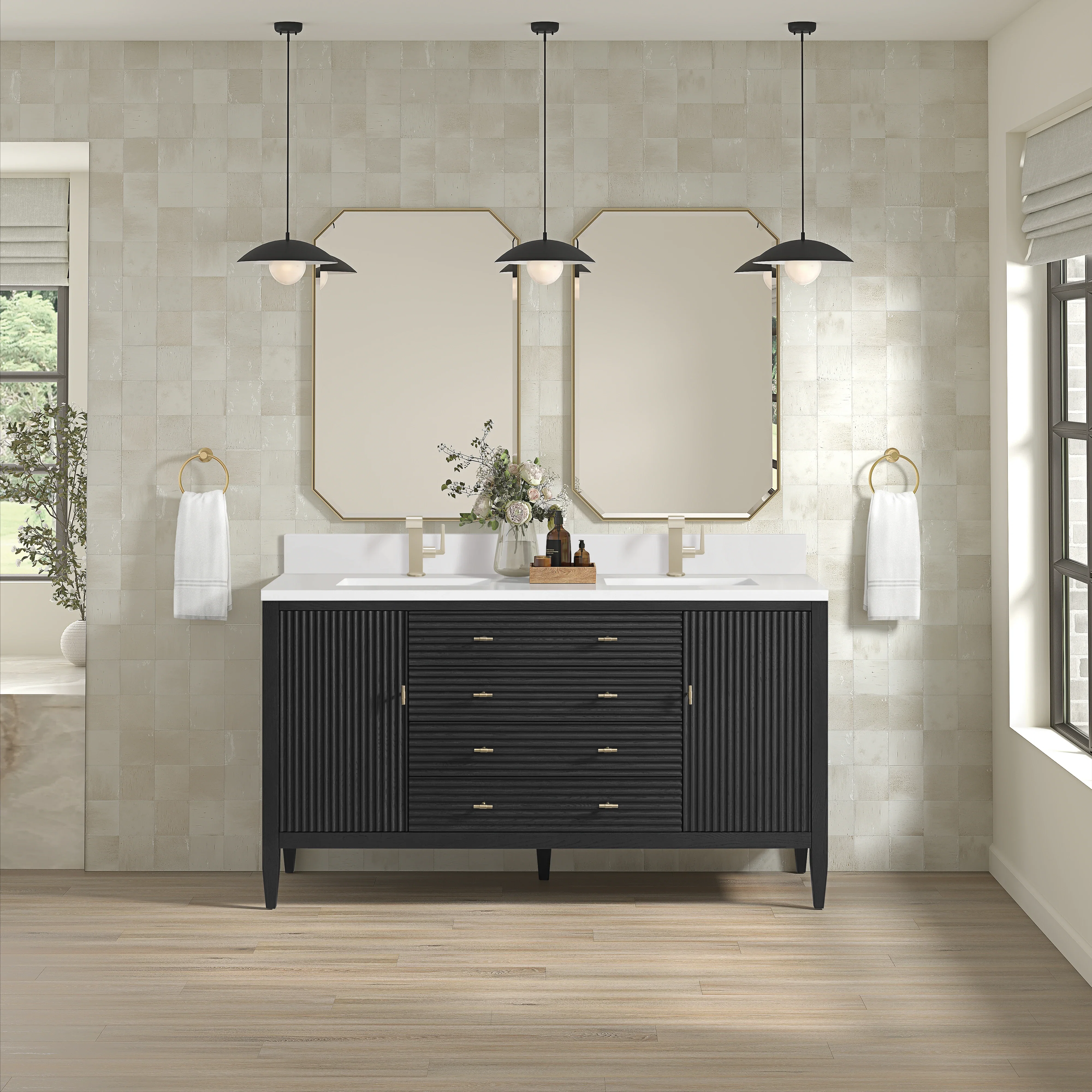 Myrrin 60" Double Vanity, Carbon Oak w/ Single Hole 3 CM White Zeus Silestone Top & Backsplash