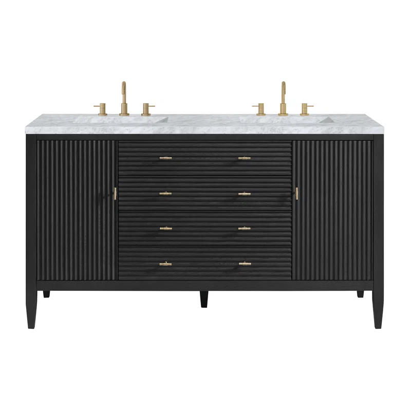 Myrrin 60" Double Vanity, Carbon Oak w/ 3 CM Carrara White Marble Top