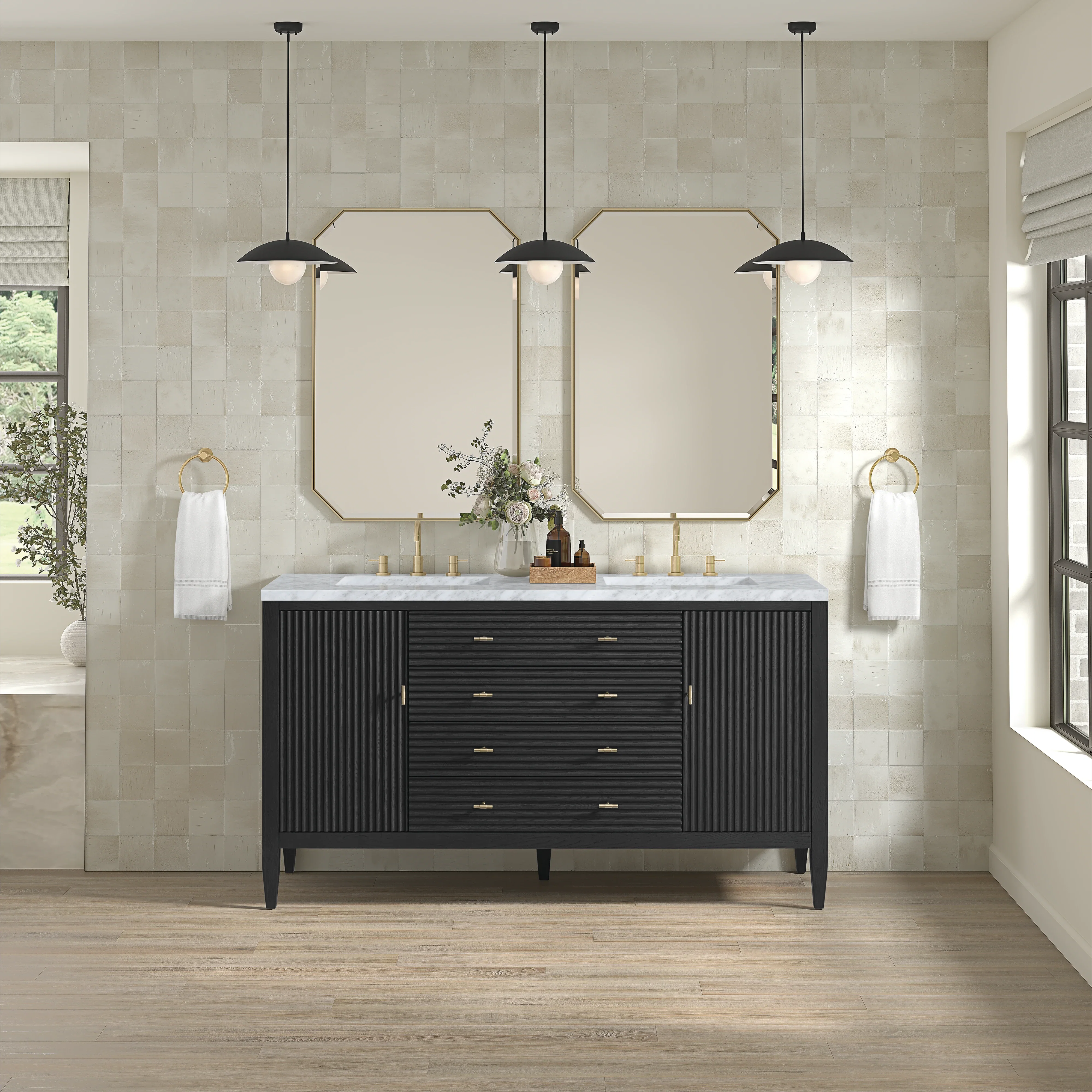 Myrrin 60" Double Vanity, Carbon Oak w/ 3 CM Carrara White Marble Top